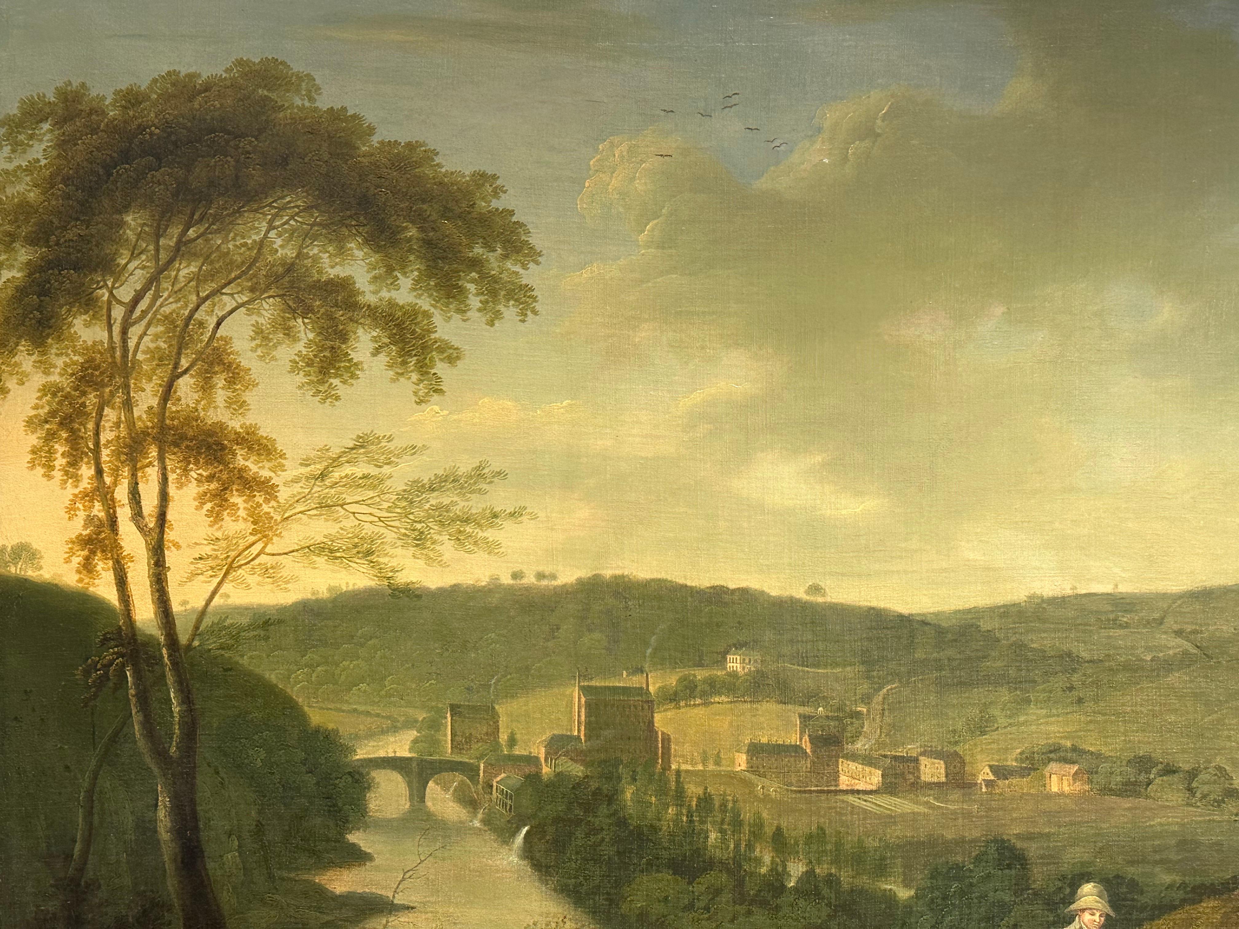 Enorme paesaggio industriale ad olio inglese del 1820 con mulini e bambini che fanno un picnic in vendita 14