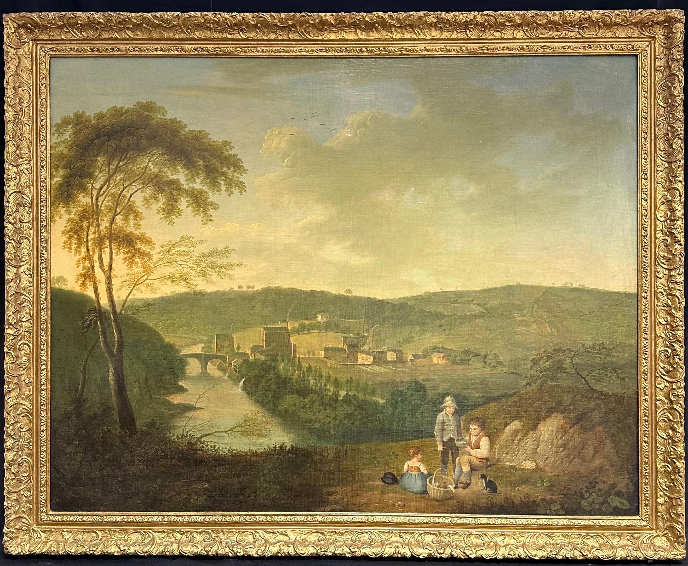 Enorme paesaggio industriale ad olio inglese del 1820 con mulini e bambini che fanno un picnic - Painting di John Pennington (1773-1841) 