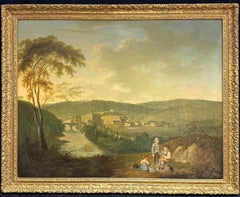 Enorme paisaje industrial al óleo inglés georgiano de 1820 con niños molineros de picnic
