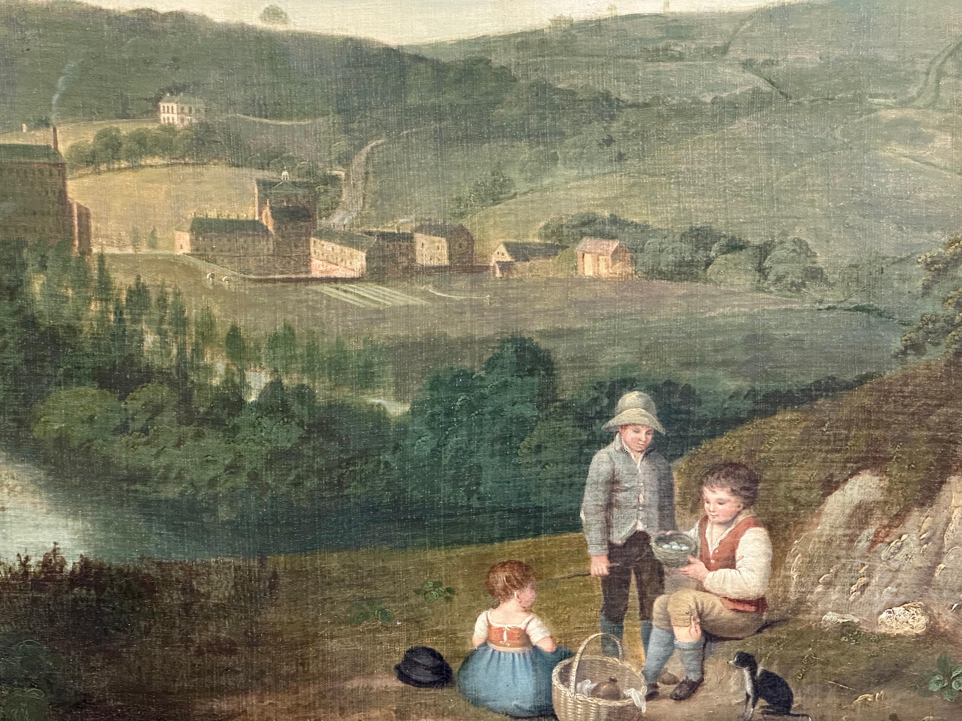 Enorme paesaggio industriale ad olio inglese del 1820 con mulini e bambini che fanno un picnic in vendita 15
