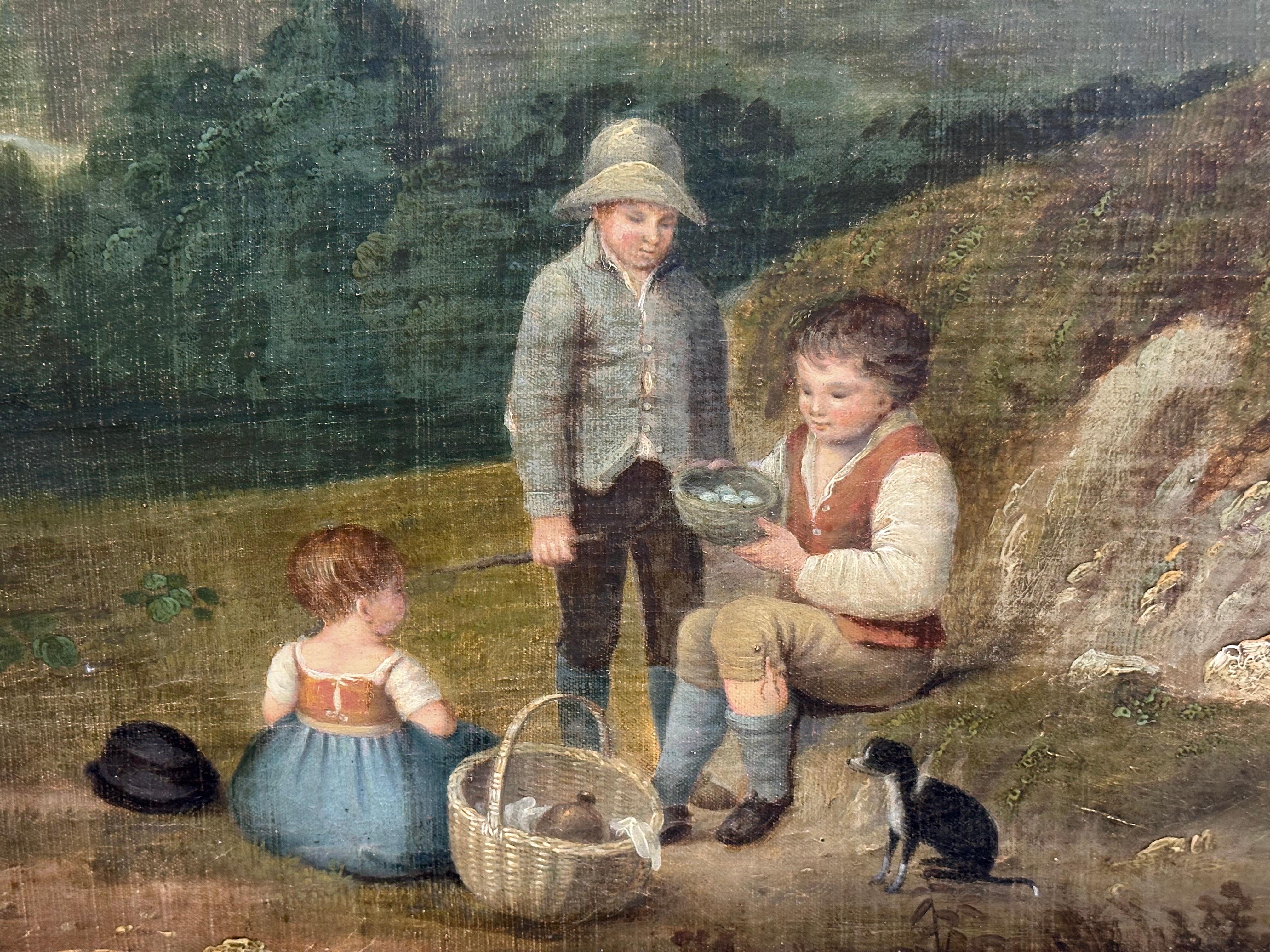Enorme paesaggio industriale ad olio inglese del 1820 con mulini e bambini che fanno un picnic - Figurative Painting Marrone di John Pennington (1773-1841) 