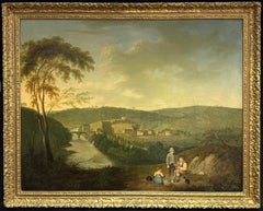 Riesige georgianische 1820's Englisch Öl Industrielandschaft mit Mühlen Kinder Picknick