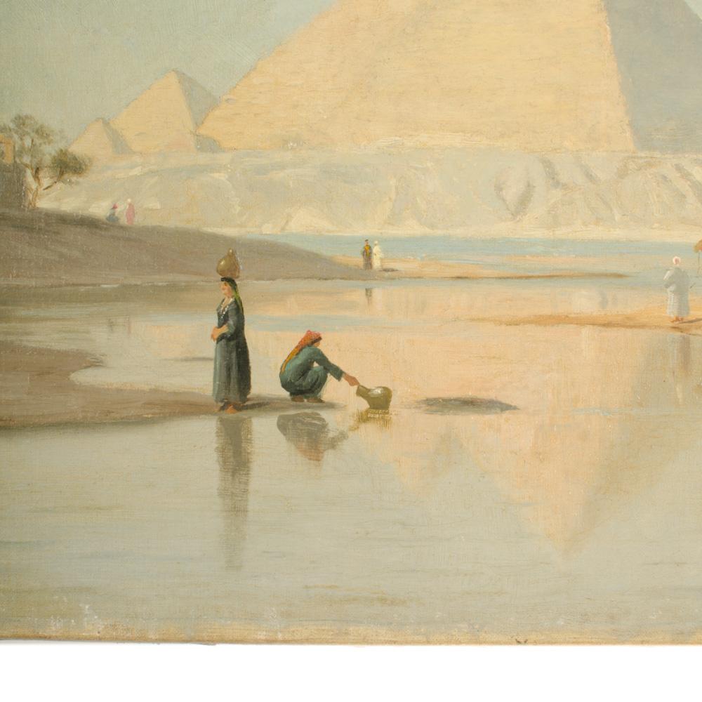 John Peter Kornbeck (DUTCH , 1837-1894) Pyramides - Huile sur toile, signée en bas à droite - Pyramides en arrière-plan se reflétant dans une rivière.