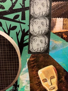 Golden Statue Collage on Board, Blue and Green, 2005, 7x9 Inches