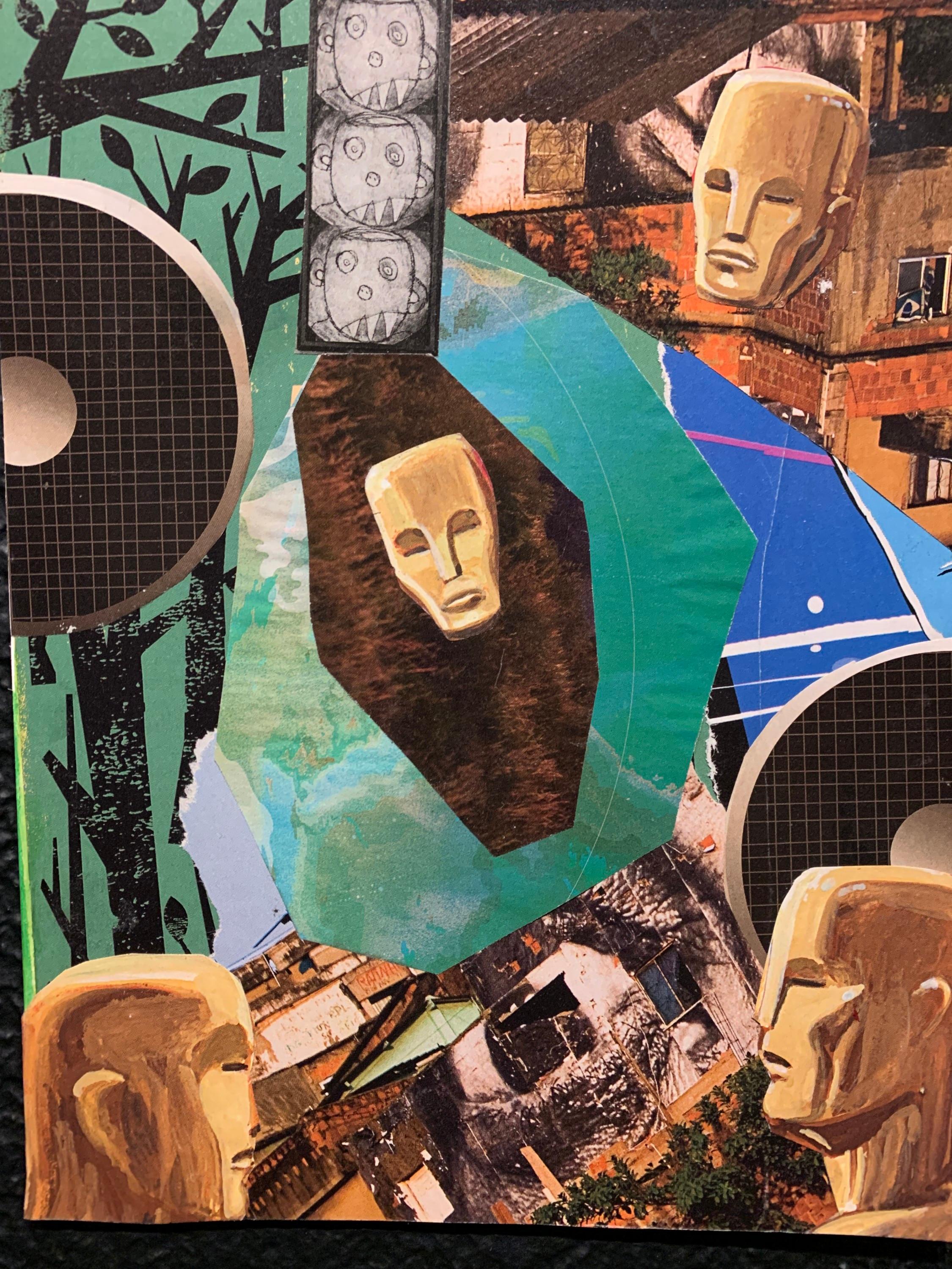 Golden Statue Collage on Board, Blue and Green, 2005, 7x9 Inches - Mixed Media Art by John Peters