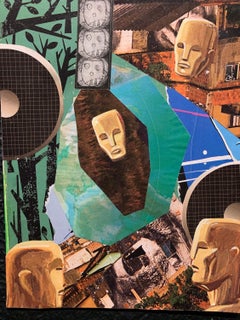 Golden Statue Collage on Board, Blue and Green, 2005, 7x9 Inches