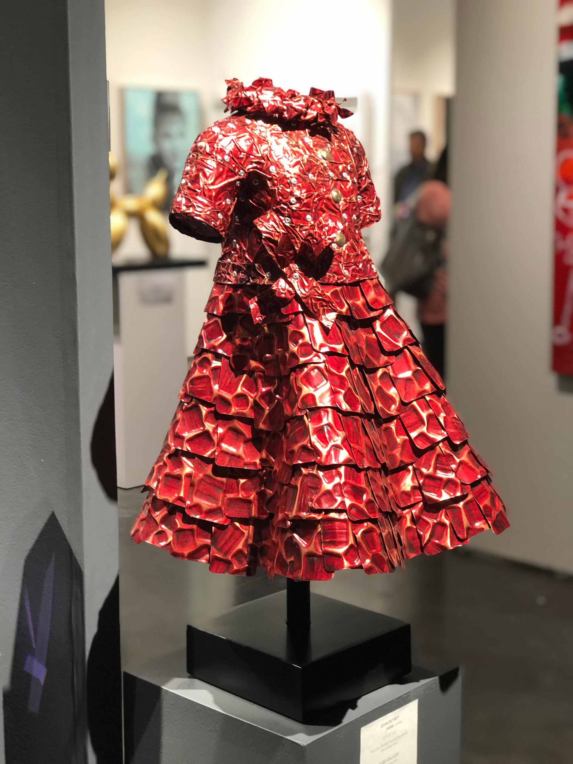 'Lina' Mixed Media, Found Object Sculpture of a Red Dress - Brown Figurative Sculpture by John Petrey