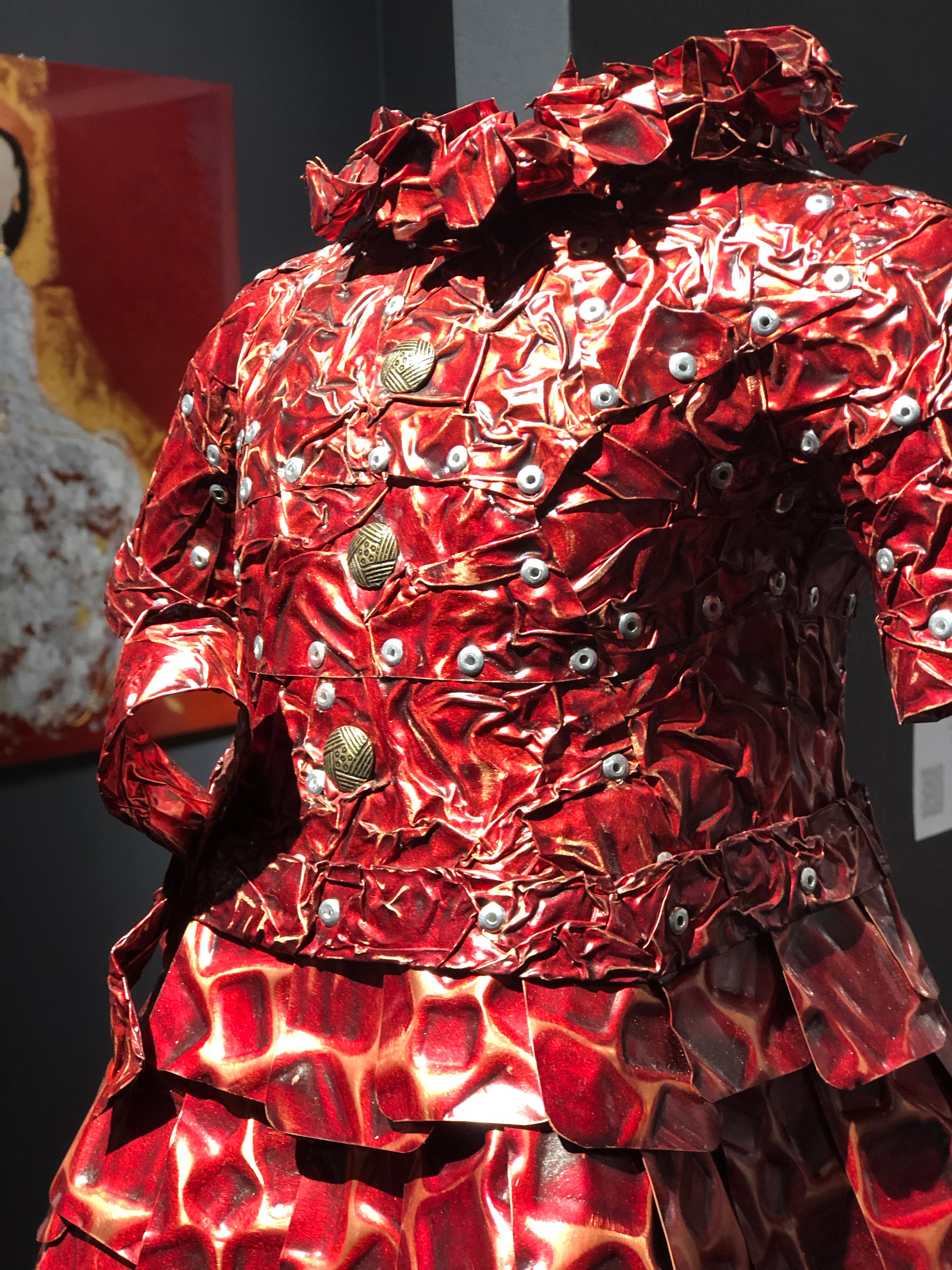 'Lina' Mixed Media, Found Object Sculpture of a Red Dress 2