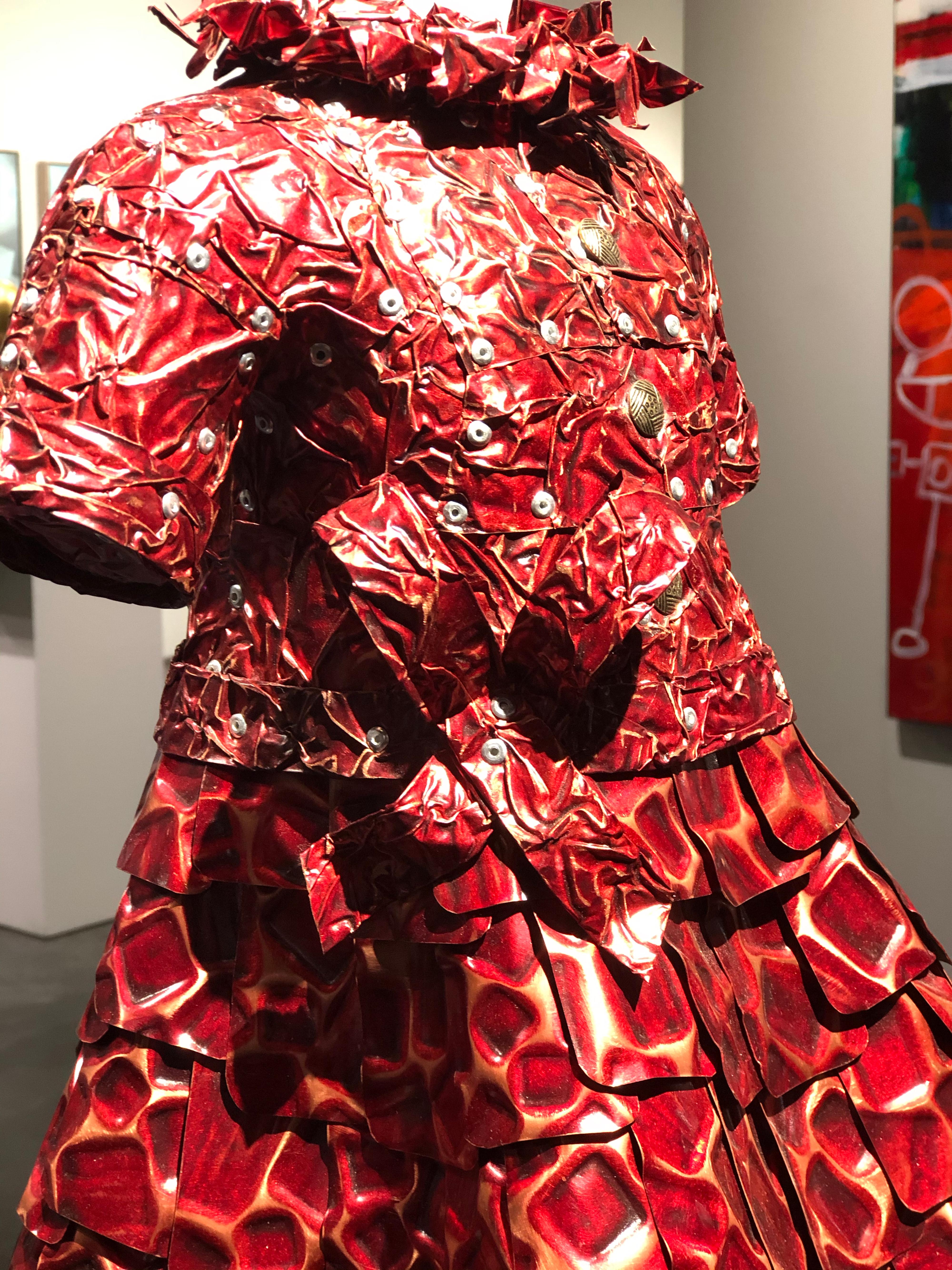 'Lina' Mixed Media, Found Object Sculpture of a Red Dress 3