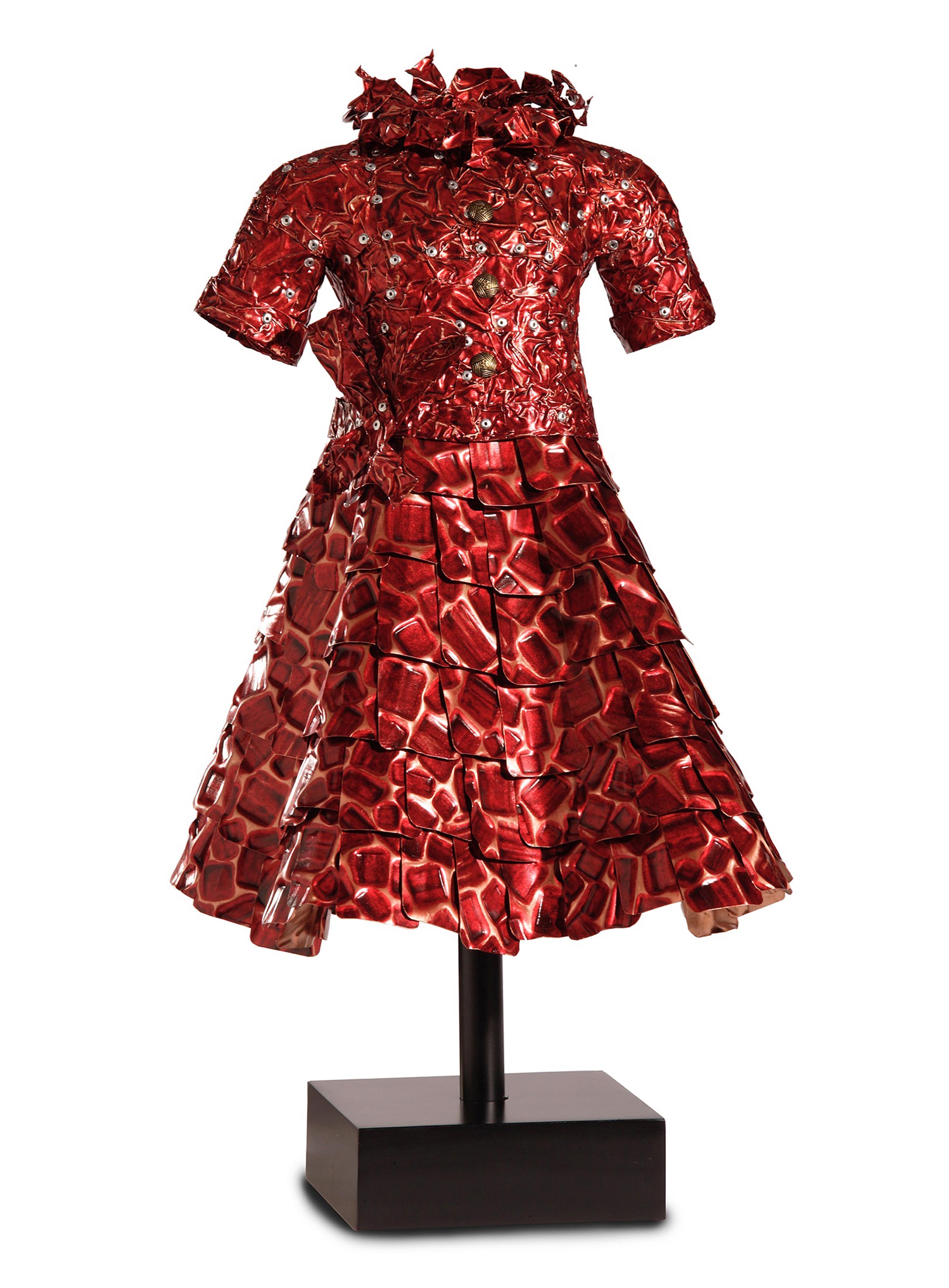 John Petrey Figurative Sculpture - 'Lina' Mixed Media, Found Object Sculpture of a Red Dress