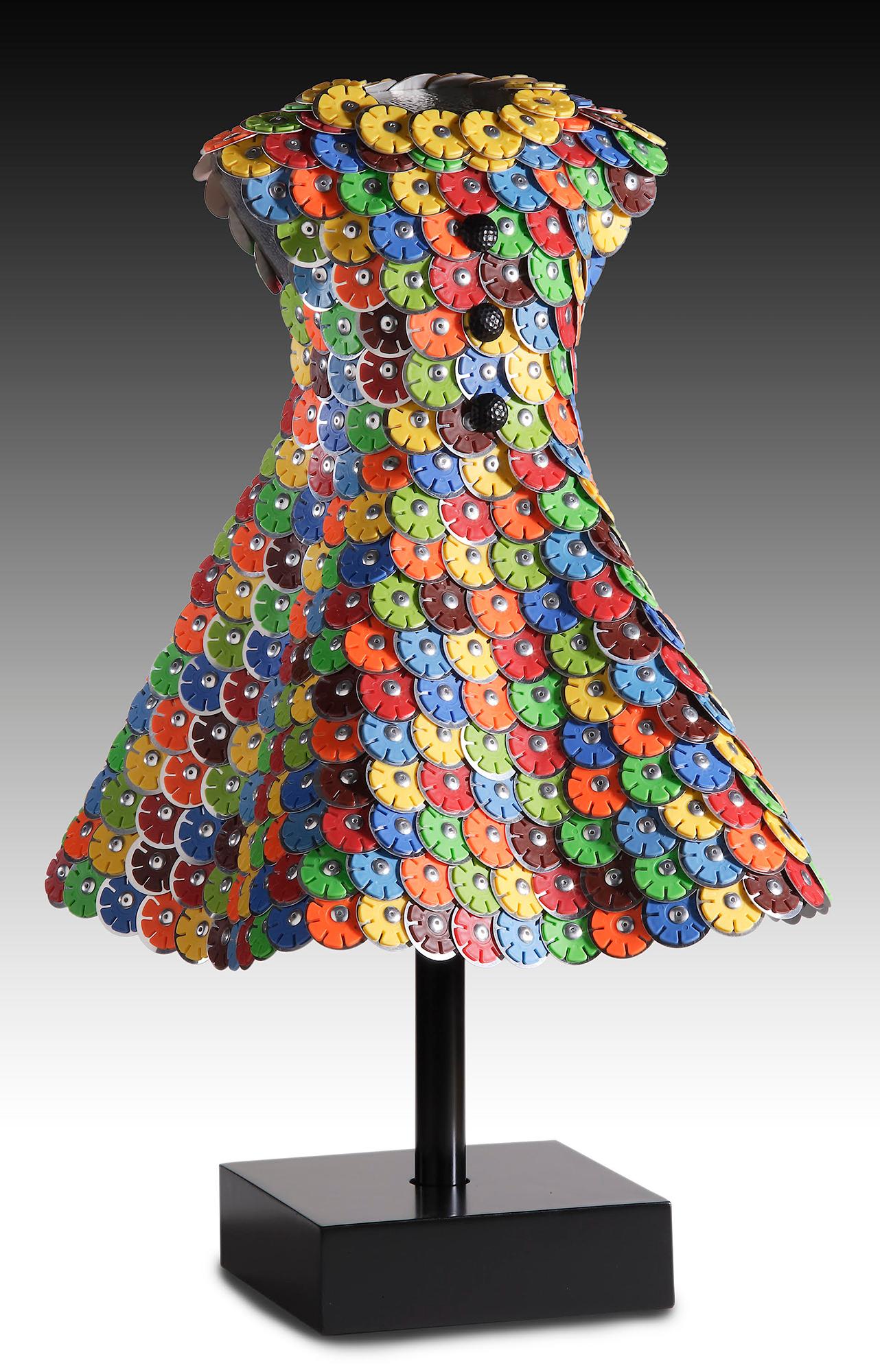 'Rylee' Mixed Media, Found Object Sculpture of a Red, Blue & Orange Dress