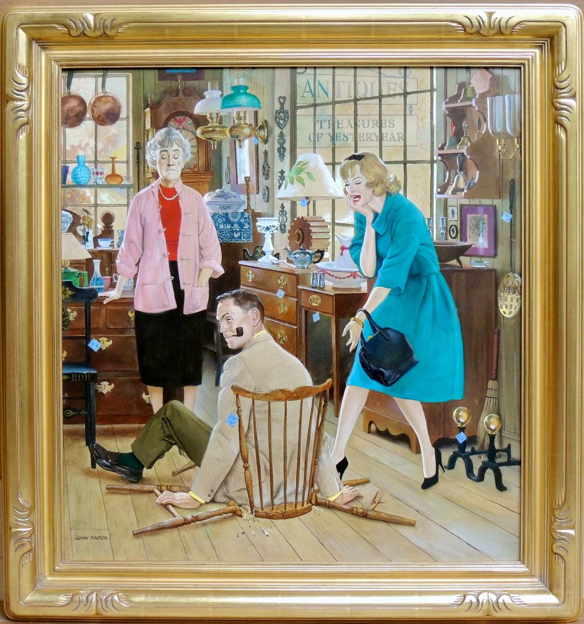 Antique Store Accident, Saturday Evening Post Cover - Painting by John Philip Falter