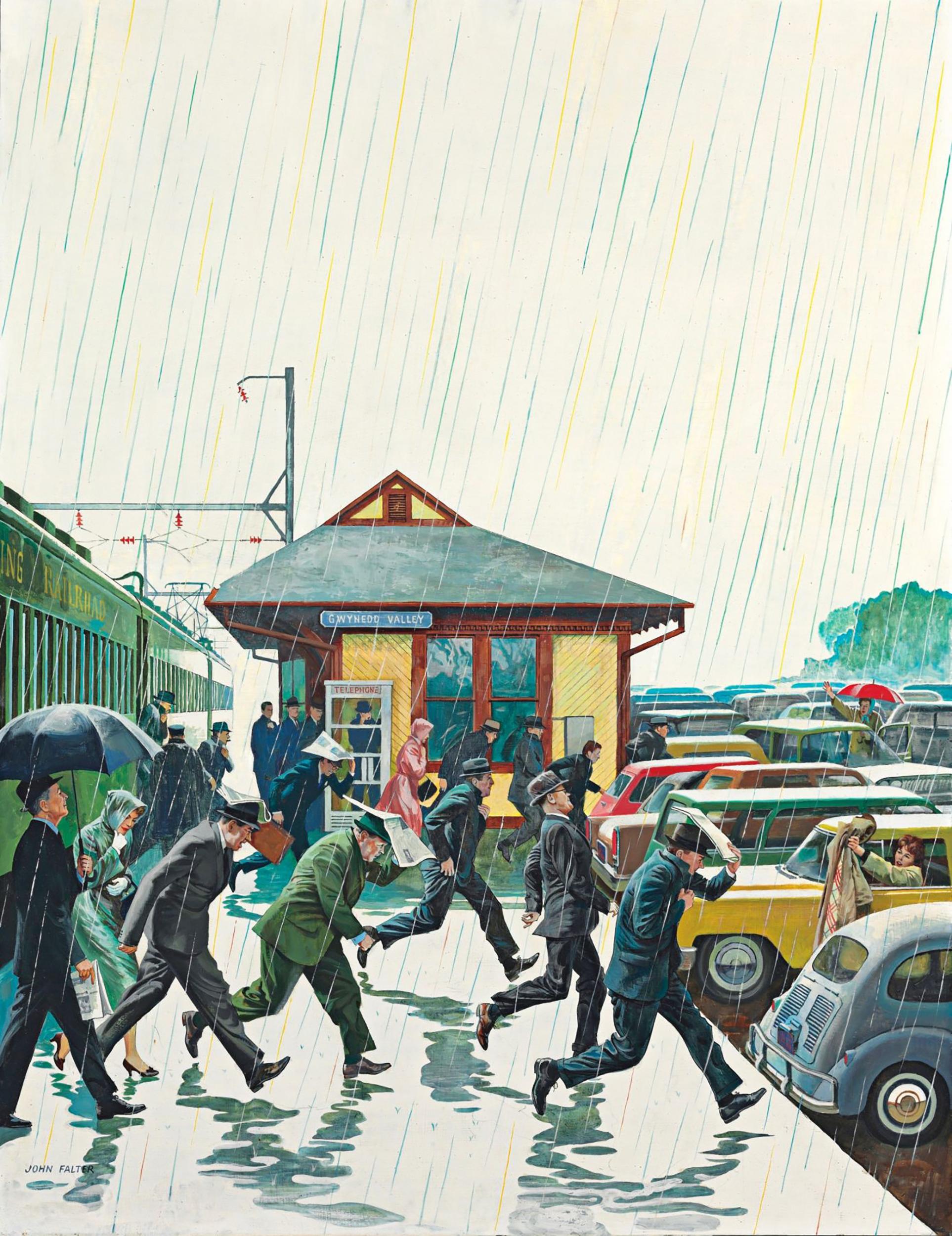 John Philip Falter Figurative Painting - Commuters in the Rain, Post Cover