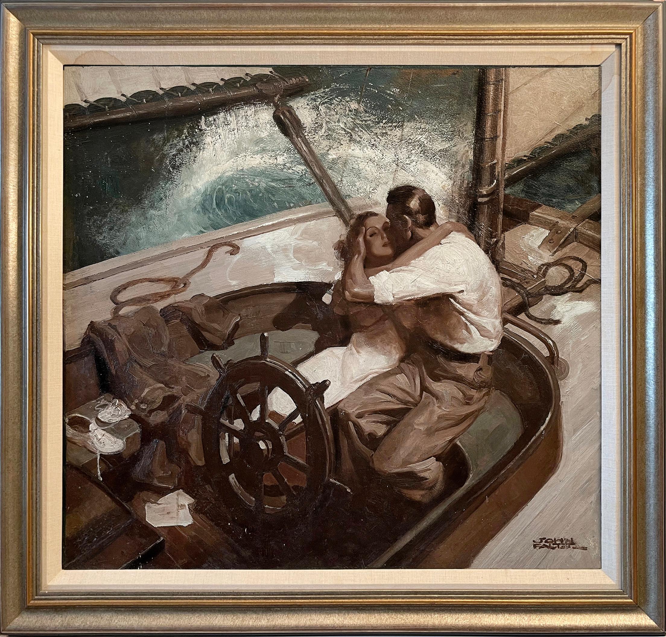 Umarmendes Paar auf Segelboot, Art déco-Stil, romantisch  – Painting von John Philip Falter