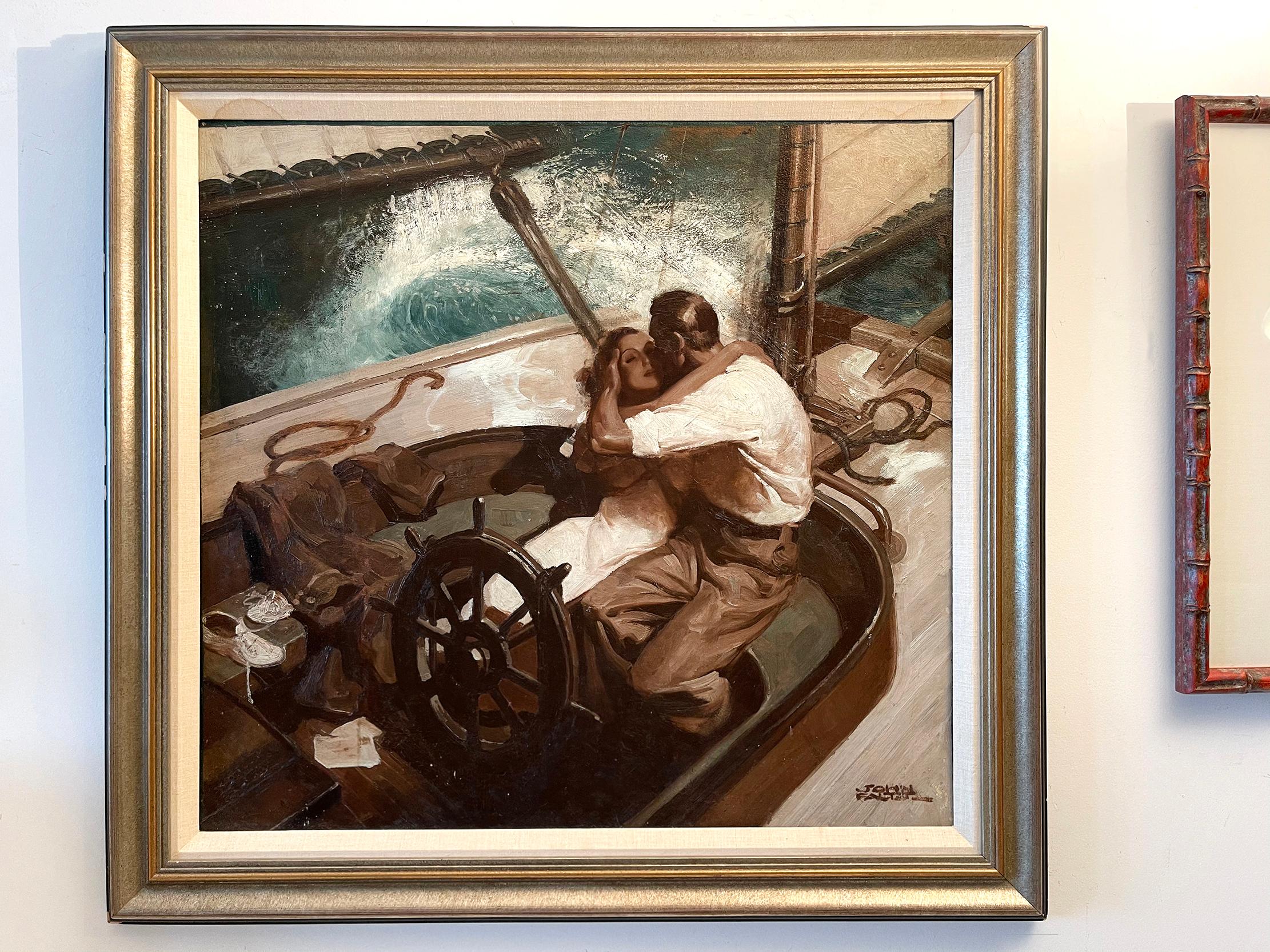 Umarmendes Paar auf Segelboot, Art déco-Stil, romantisch  (Schwarz), Portrait Painting, von John Philip Falter