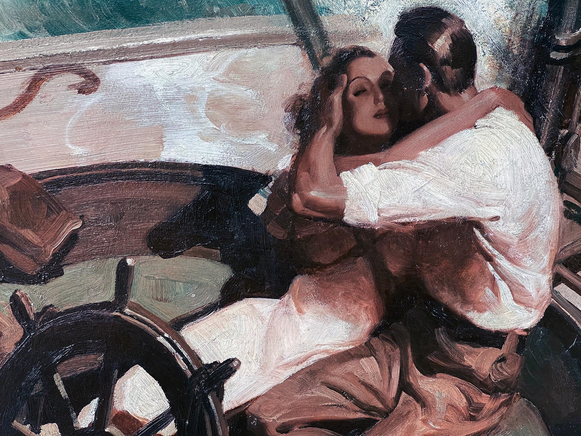 Embracing Couple on Sailboat , Art Deco Style Romantic  - Black Portrait Painting by John Philip Falter