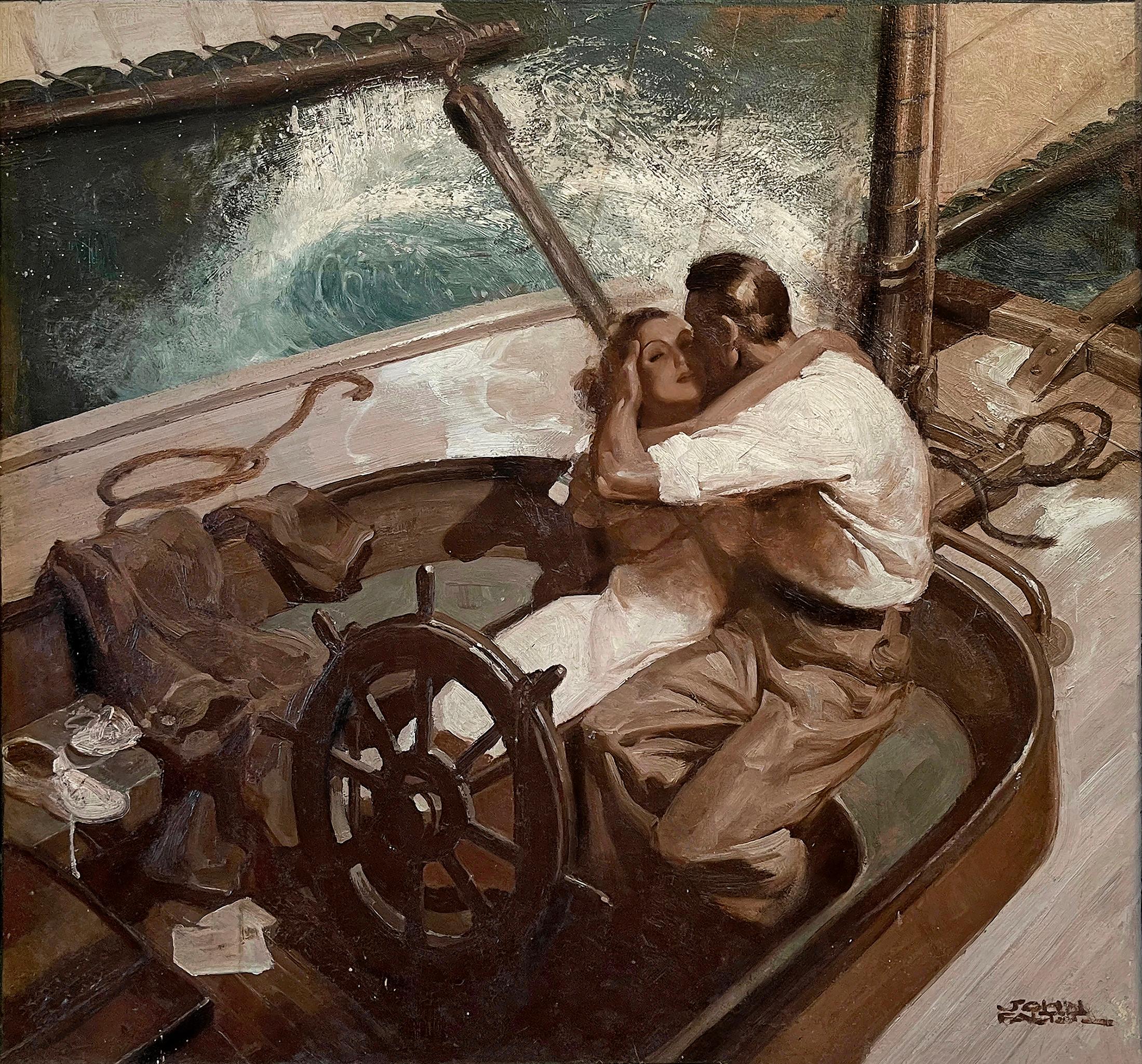 John Philip Falter Portrait Painting – Umarmendes Paar auf Segelboot, Art déco-Stil, romantisch 