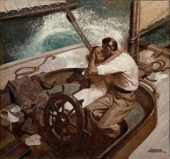 Étreignant un couple sur un voilier, style Art déco romantique