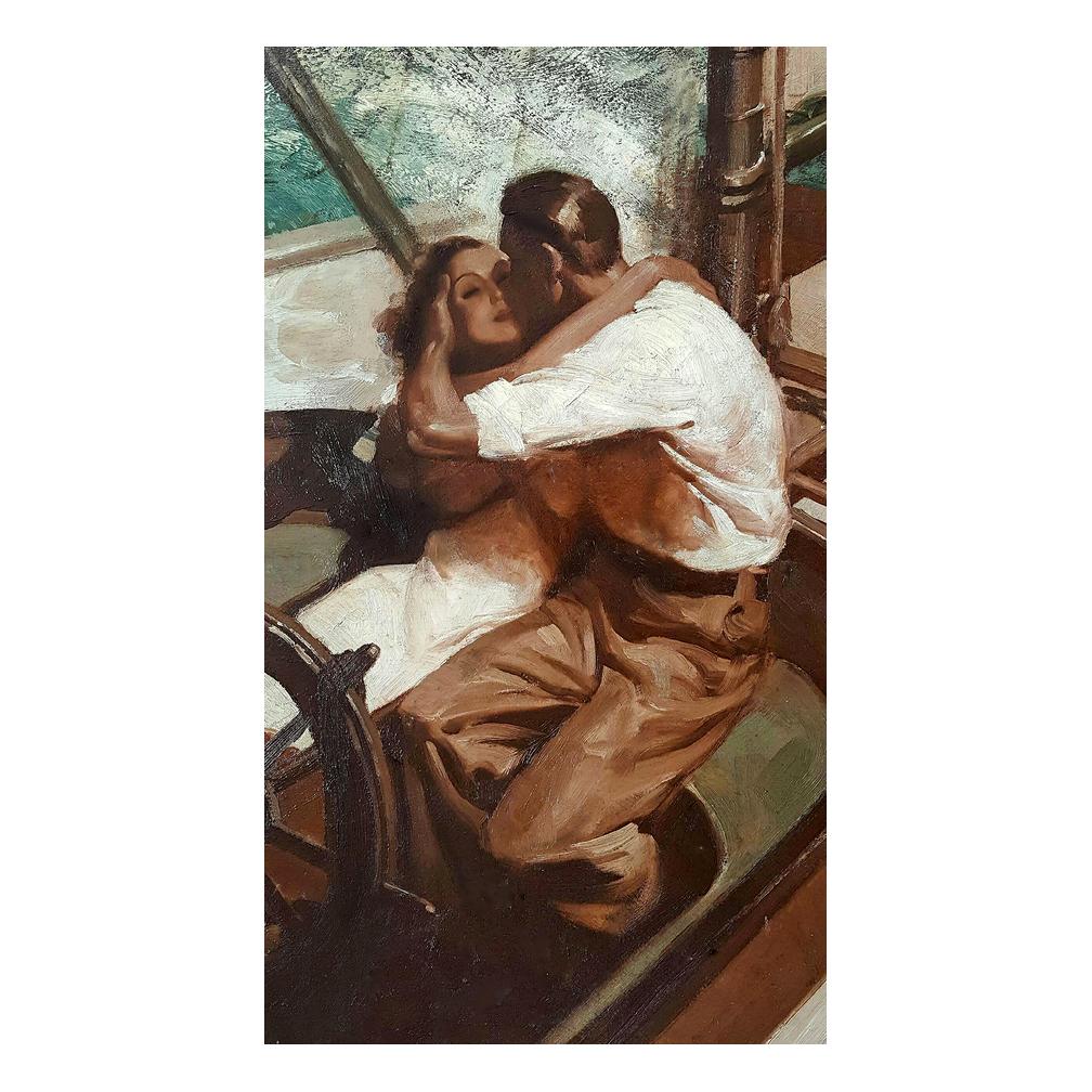 Embracing Couple on Sailboat , Art Deco Style Romantic Magazine  Illustration  - Painting by John Philip Falter