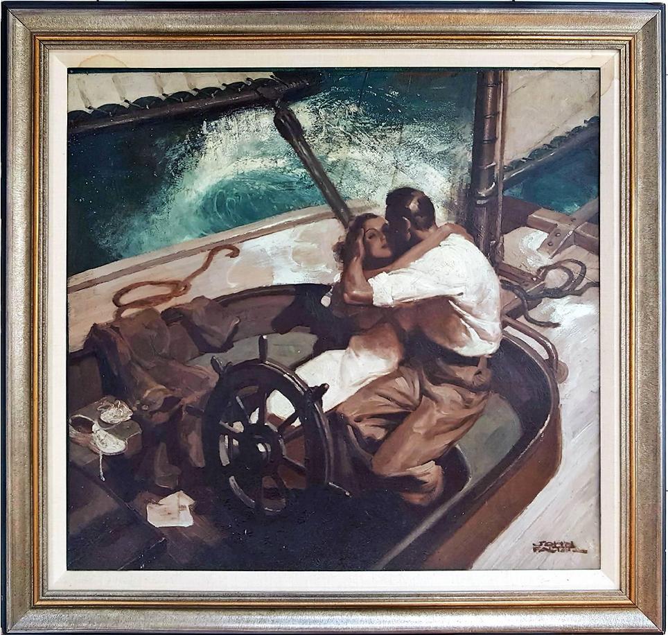 John Philip Falter Figurative Painting - Embracing Couple on Sailboat , Art Deco Style Romantic Magazine  Illustration 