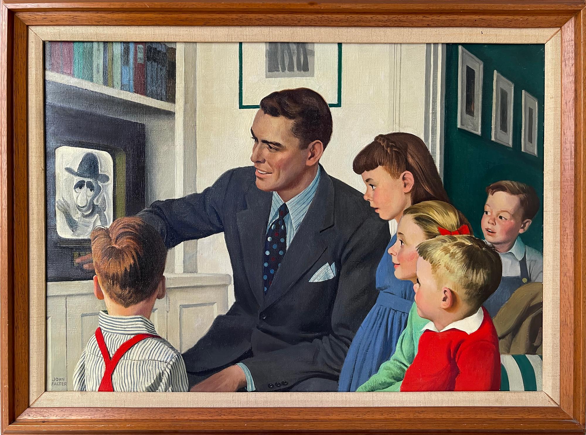 Father and children in front of TV - Mid-Century - Academic Painting by John Philip Falter