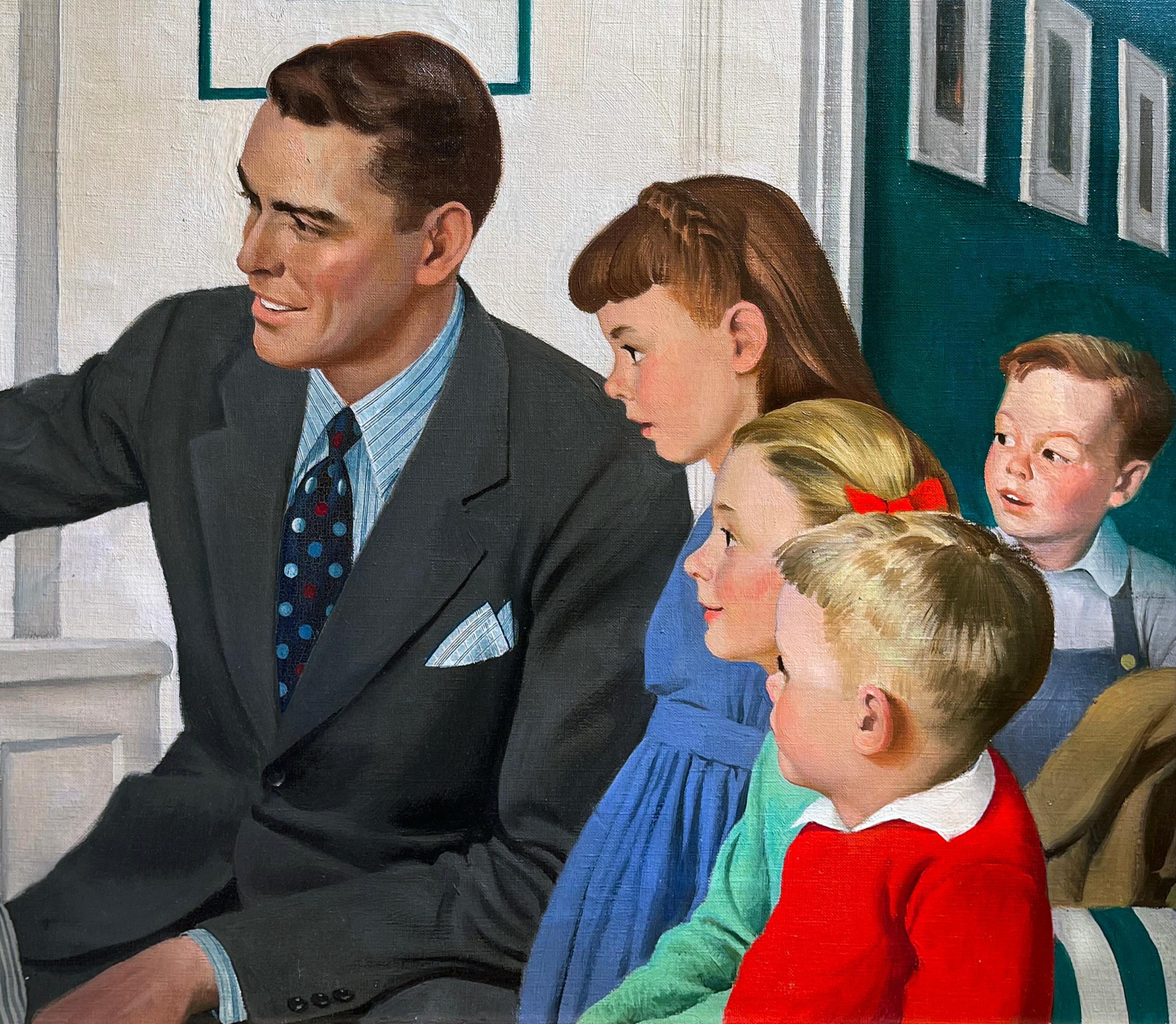 Father and children in front of TV - Mid-Century - Painting by John Philip Falter
