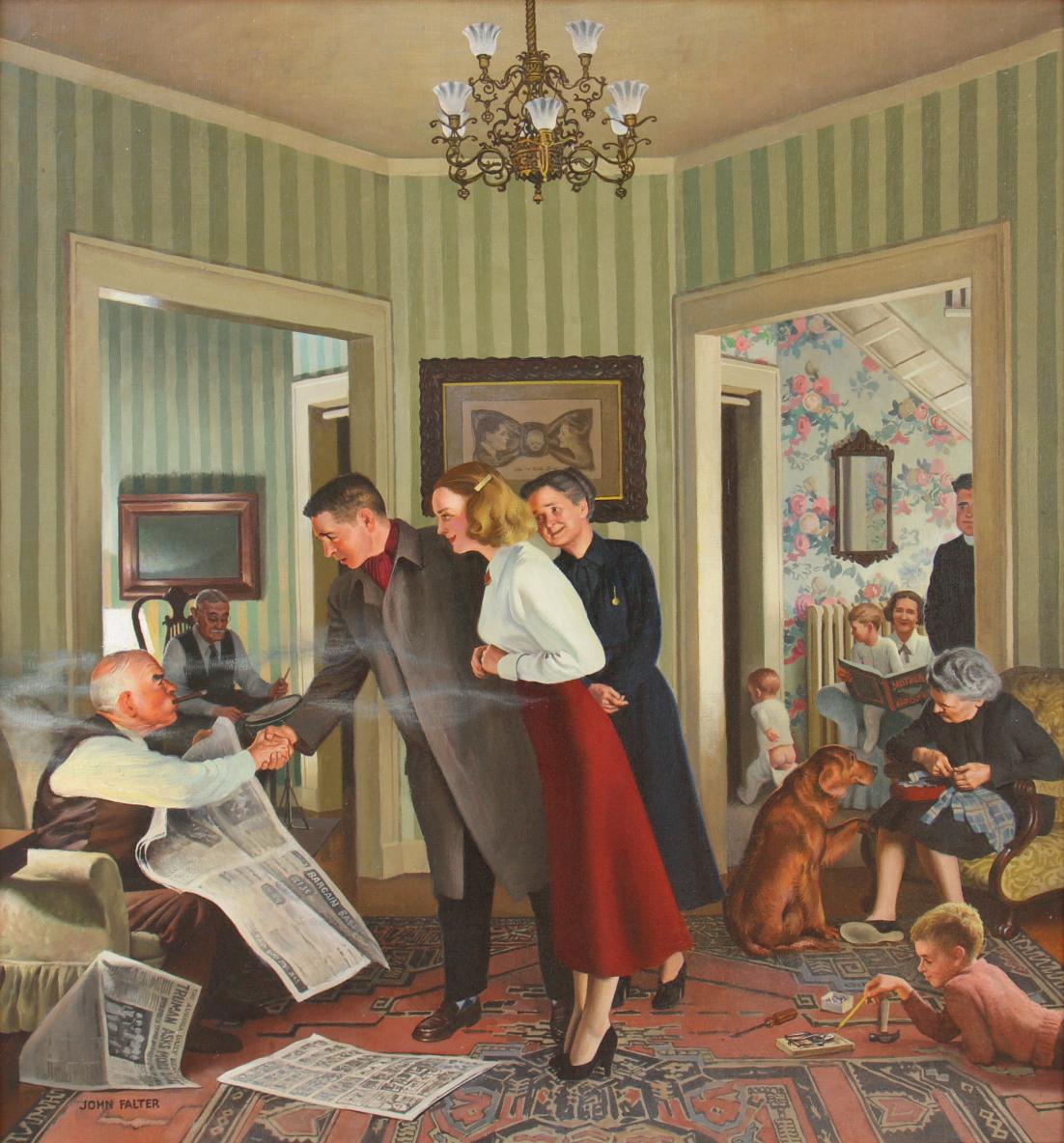 John Philip Falter Interior Painting – New Boyfriend, Saturday Evening Post-Cover von Saturday Evening