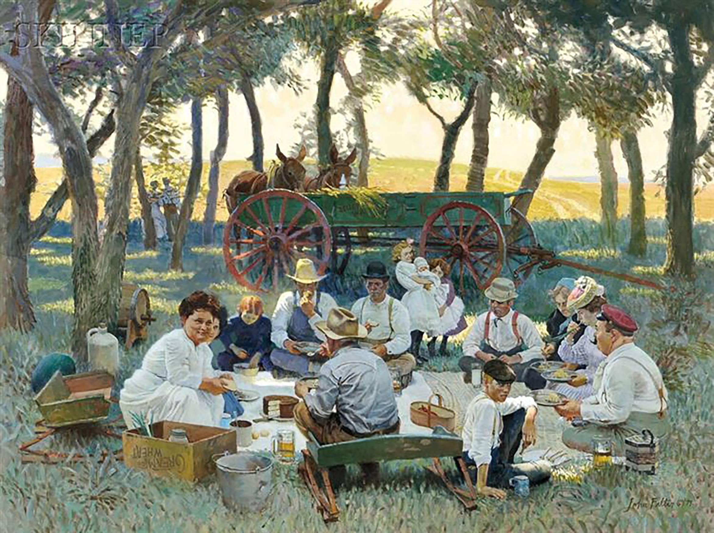 John Philip Falter Figurative Painting - Prairie Grove Picnic