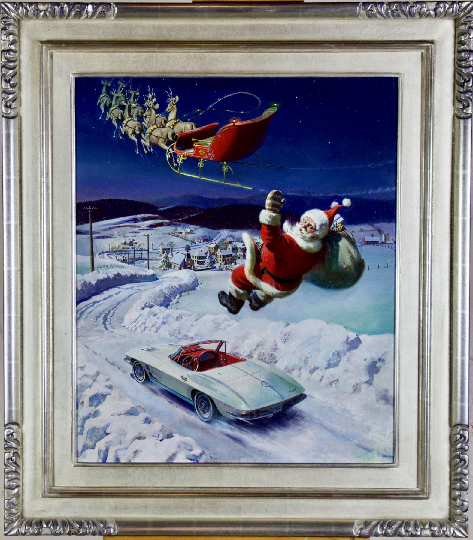 Santa's 1963 Corvette Convertible, Hertz advertisement - Painting by John Philip Falter