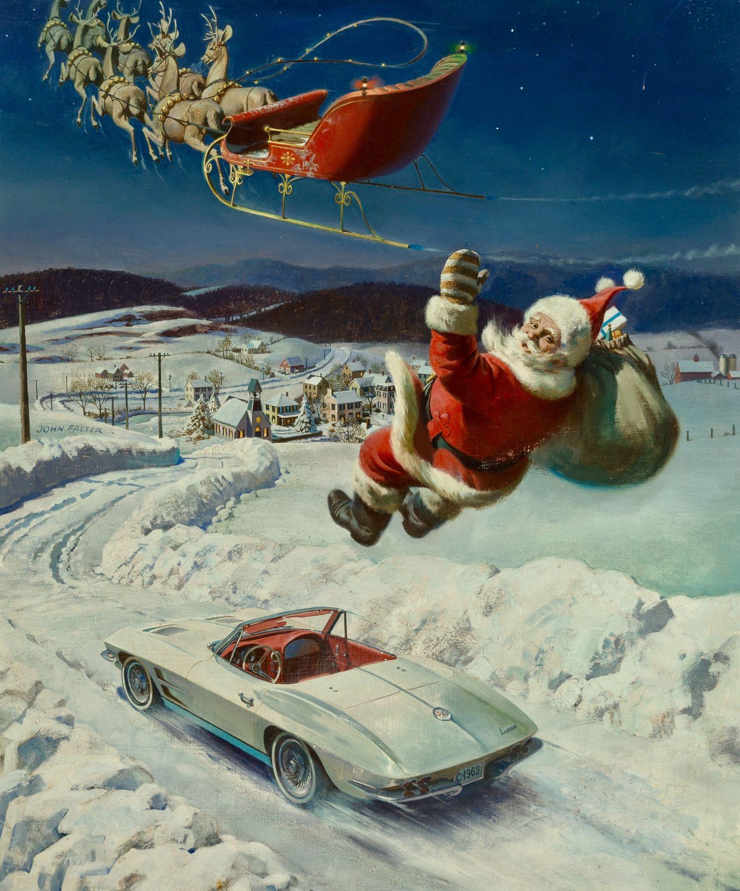 John Philip Falter Figurative Painting - Santa's 1963 Corvette Convertible, Hertz advertisement