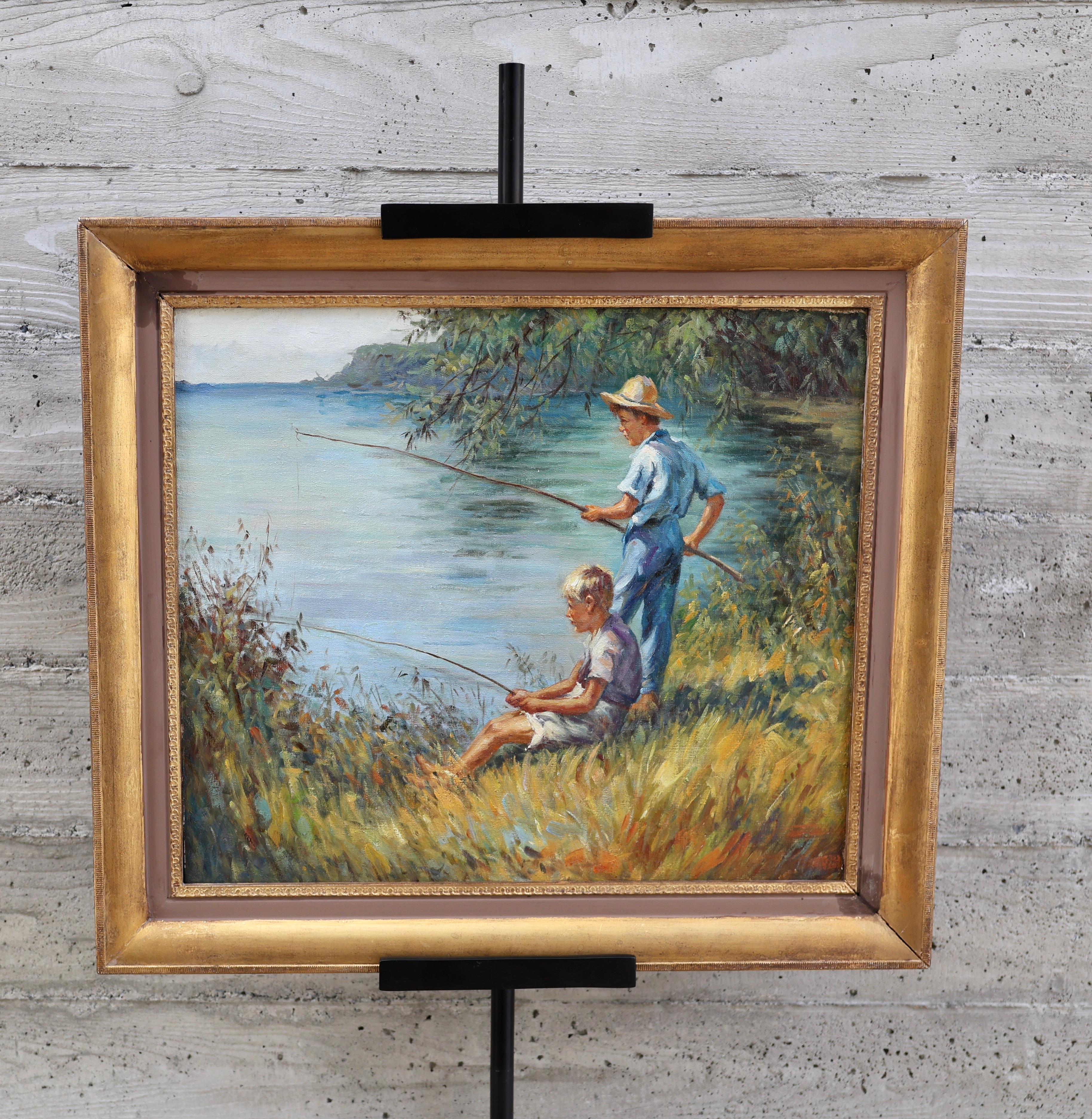 Fische von Jungen im See (Braun), Landscape Painting, von John Philip Falter