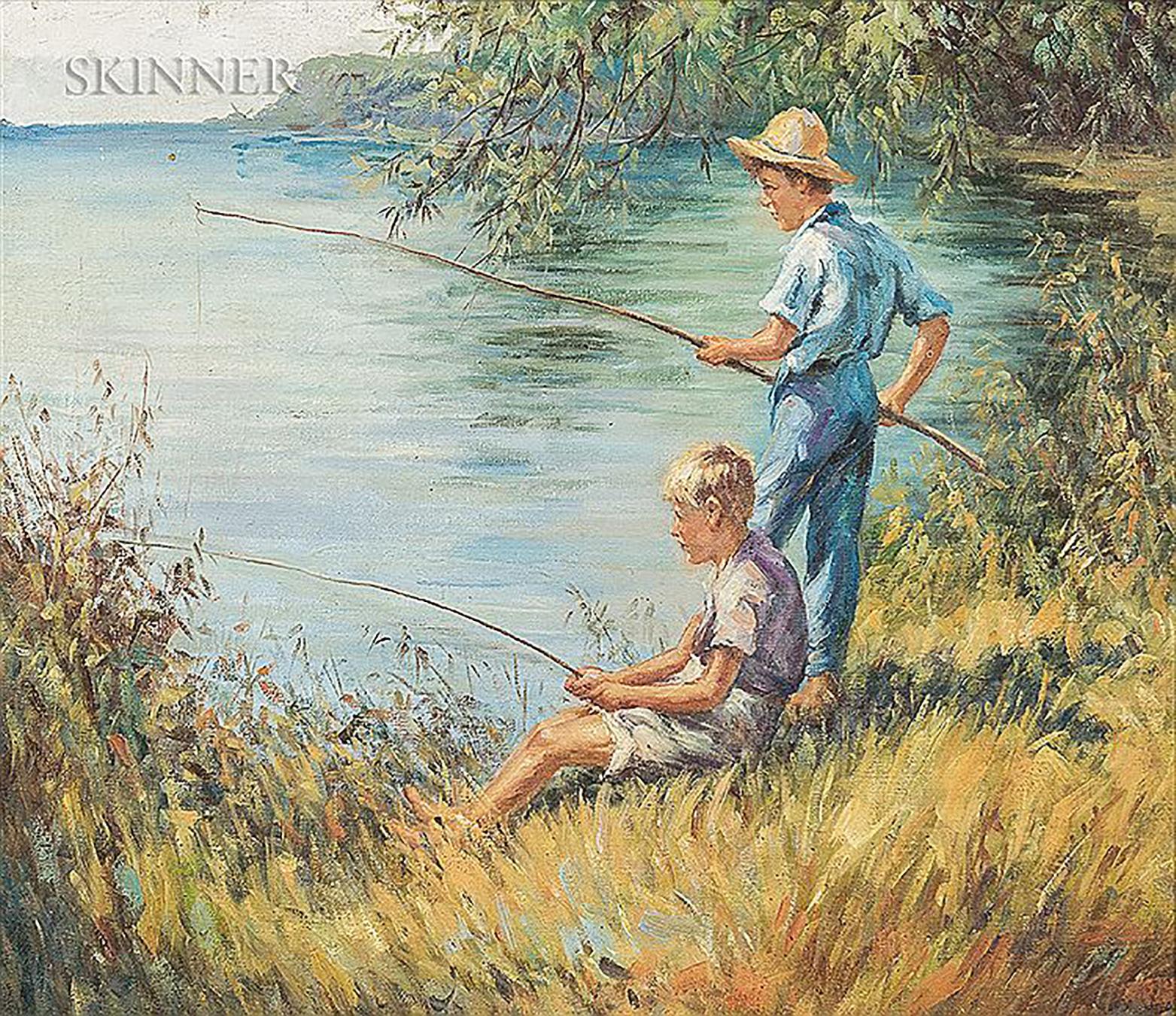 John Philip Falter Landscape Painting - Two Boys Fishing