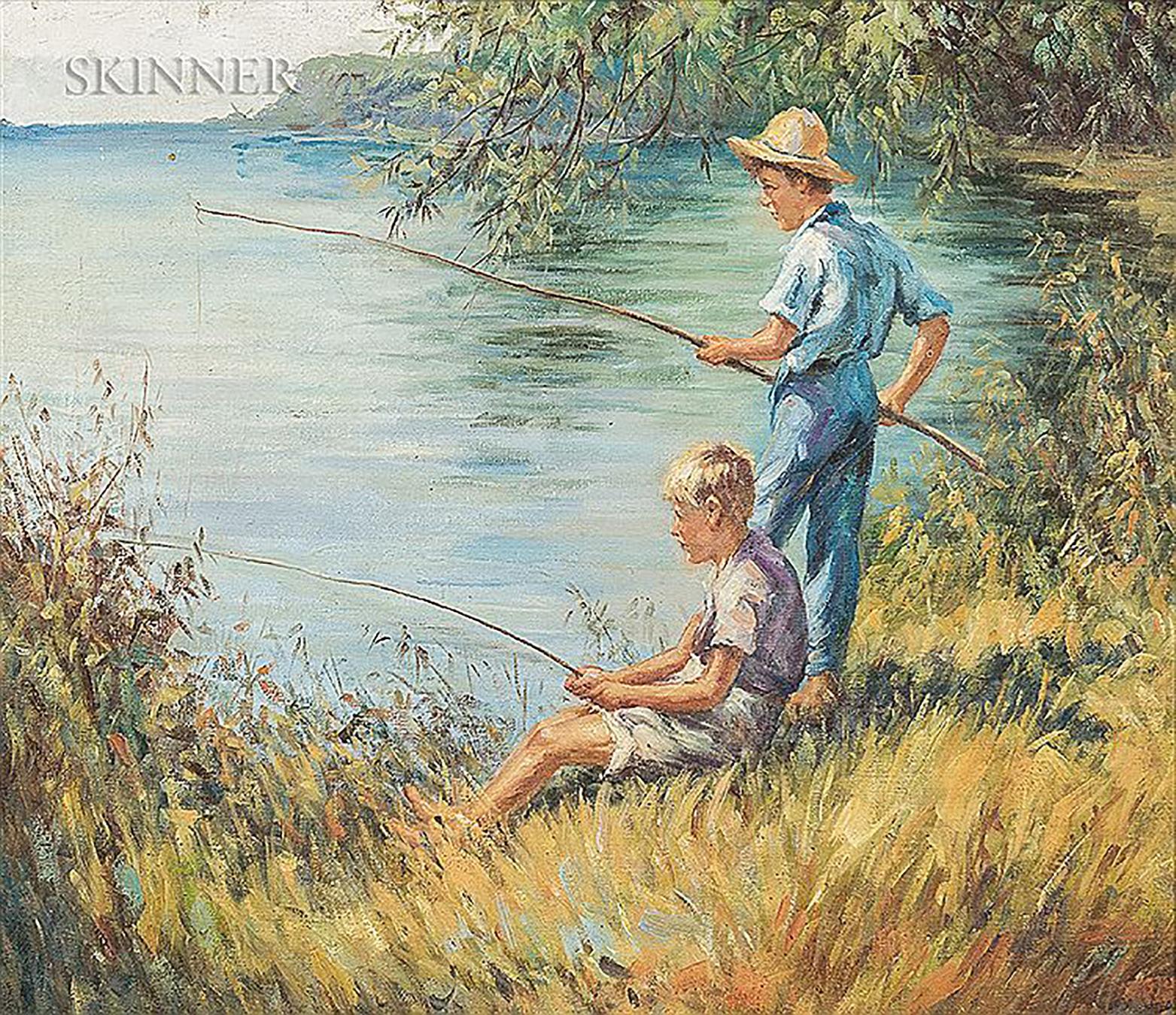 Fische von Jungen im See – Painting von John Philip Falter