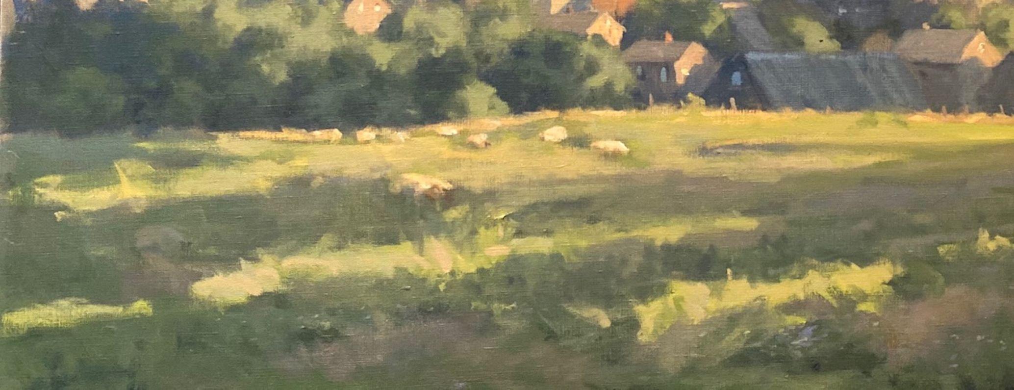 Overlooking Winchcomb, Cotswolds, original 24x36 impressionist English landscape - Gray Landscape Painting by John Phillip Osborne