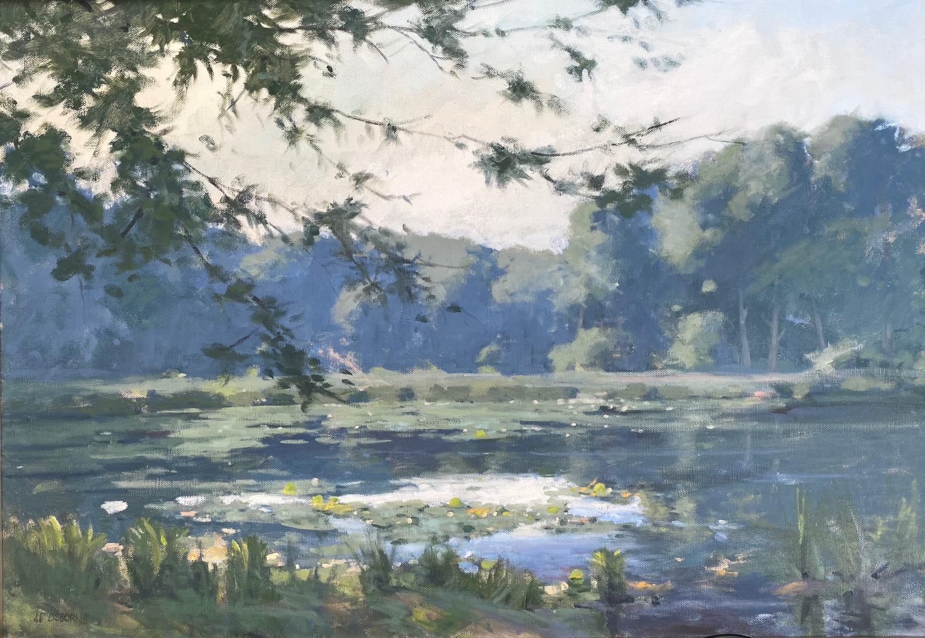 The Pond and Lilies, original 28x40 Hudson River School impressionist landscape - Painting by John Phillip Osborne