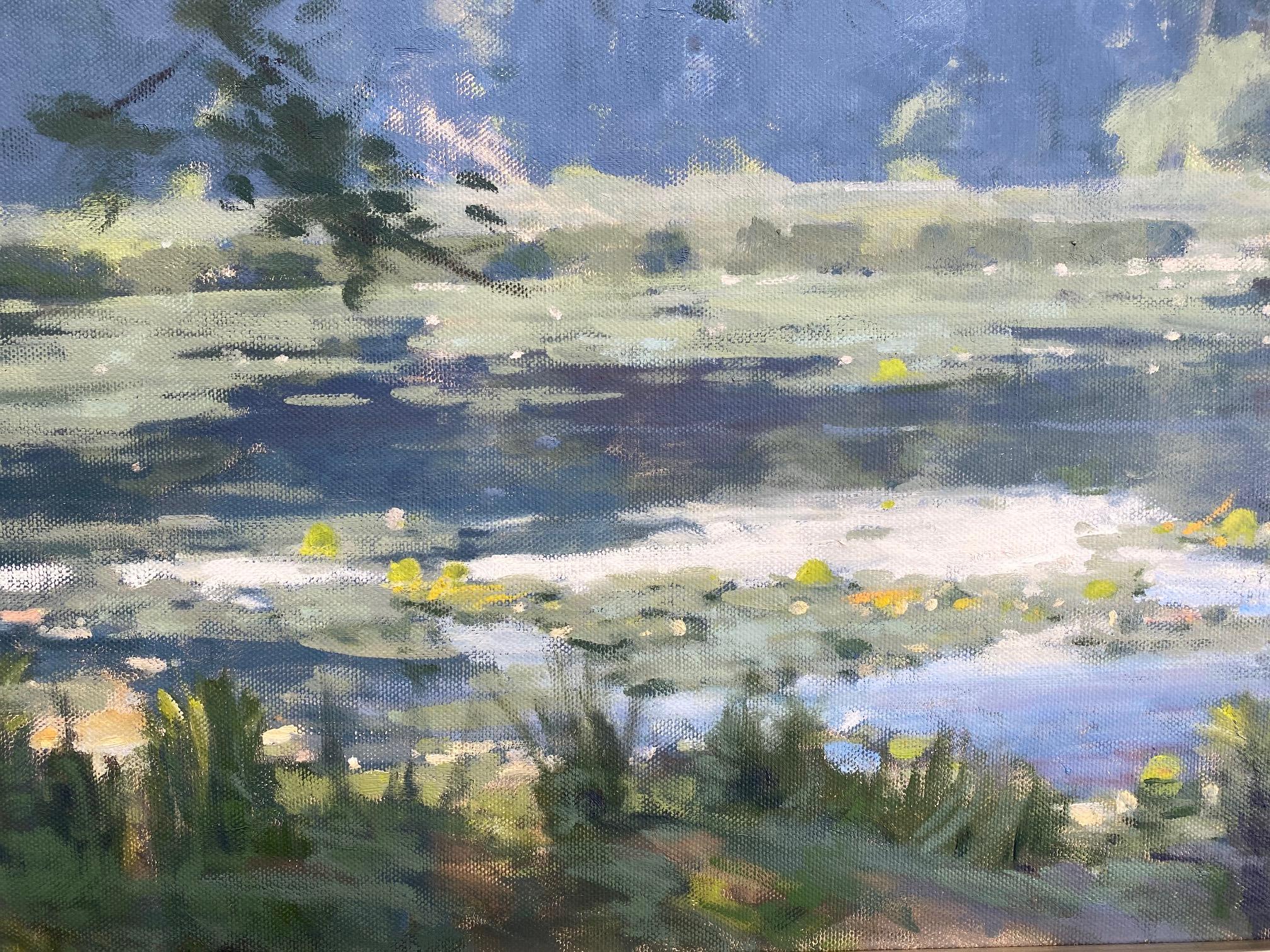 The Pond and Lilies, original 28x40 Hudson River School impressionist landscape - Gray Landscape Painting by John Phillip Osborne
