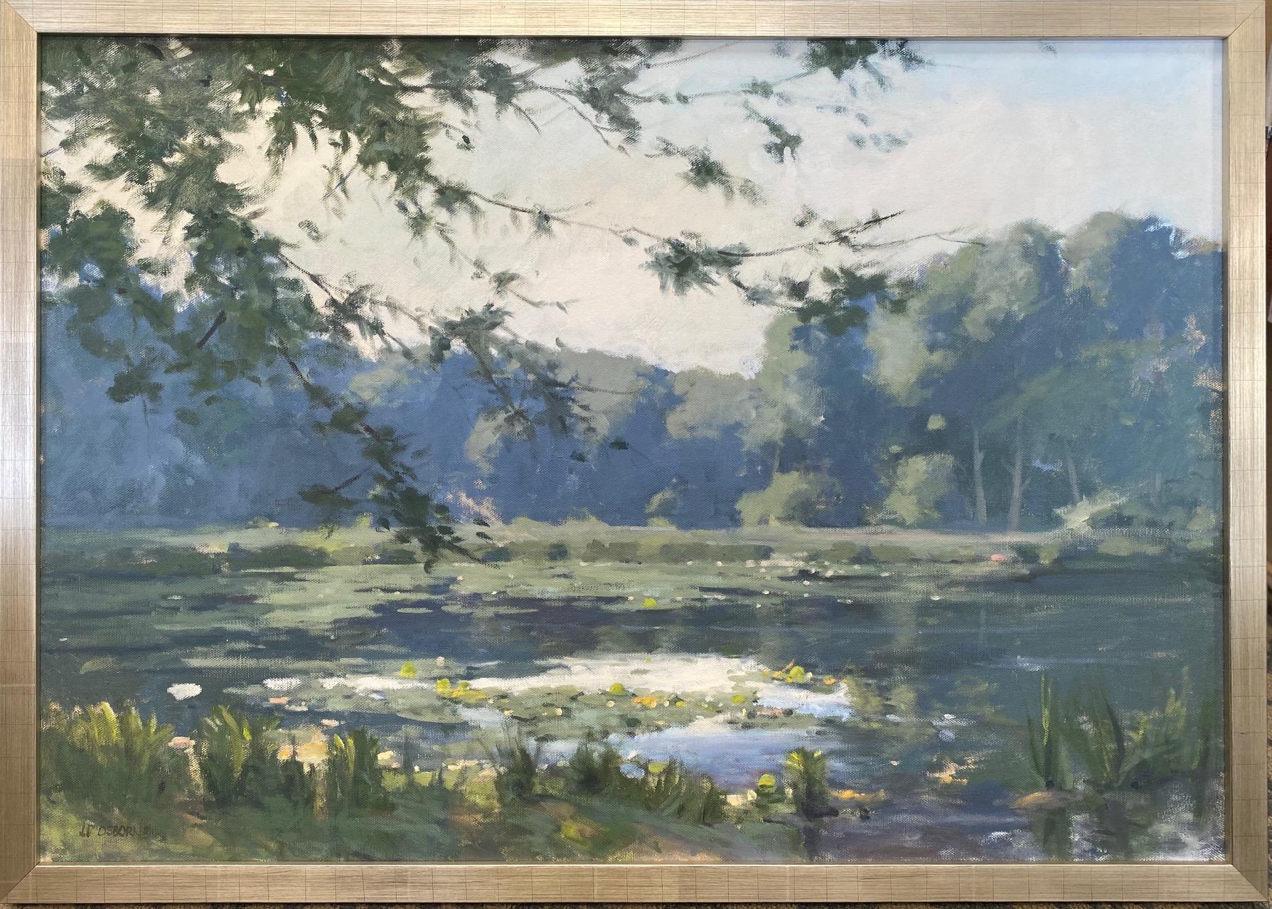 John Phillip Osborne Landscape Painting - The Pond and Lilies, original 28x40 Hudson River School impressionist landscape