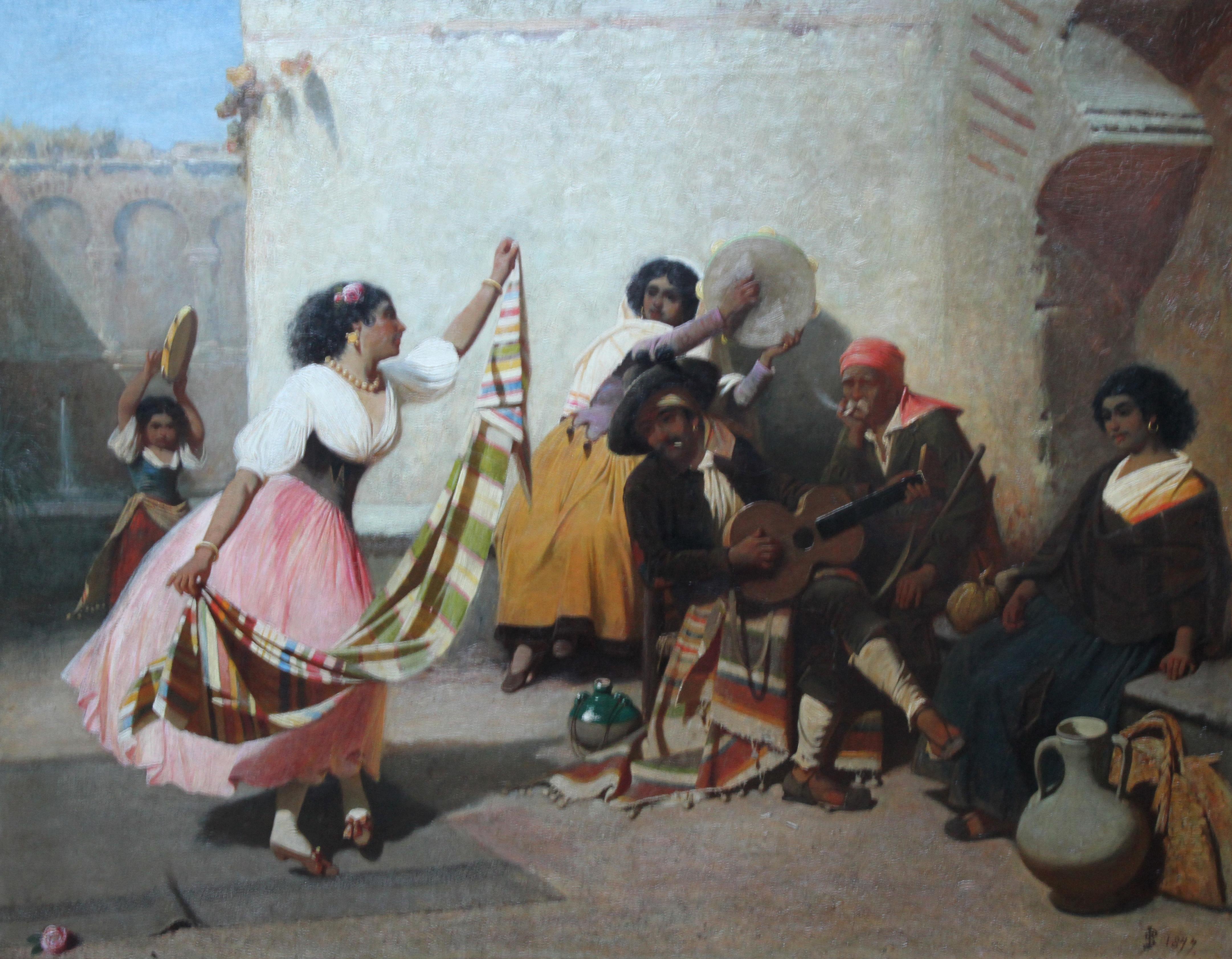 Spanish Musicians with Dancing Girl- British Victorian art oil painting portrait For Sale 6