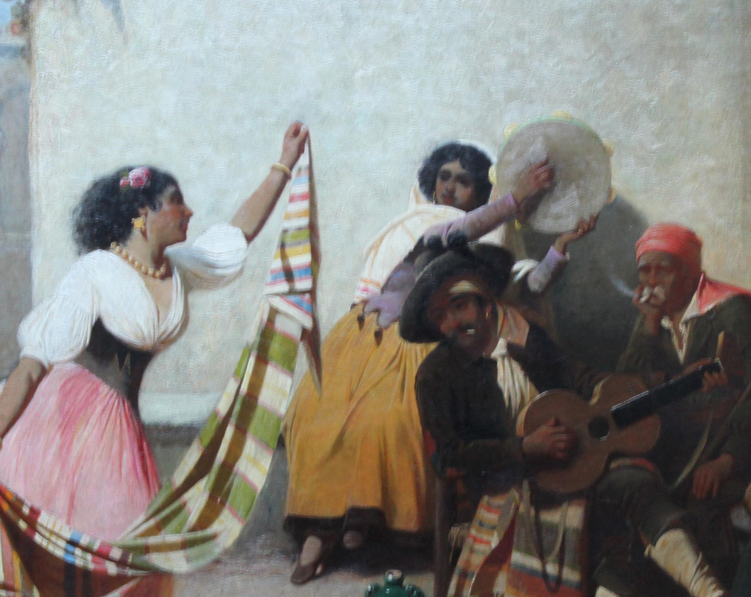 Spanish Musicians with Dancing Girl- British Victorian art oil painting portrait For Sale 2