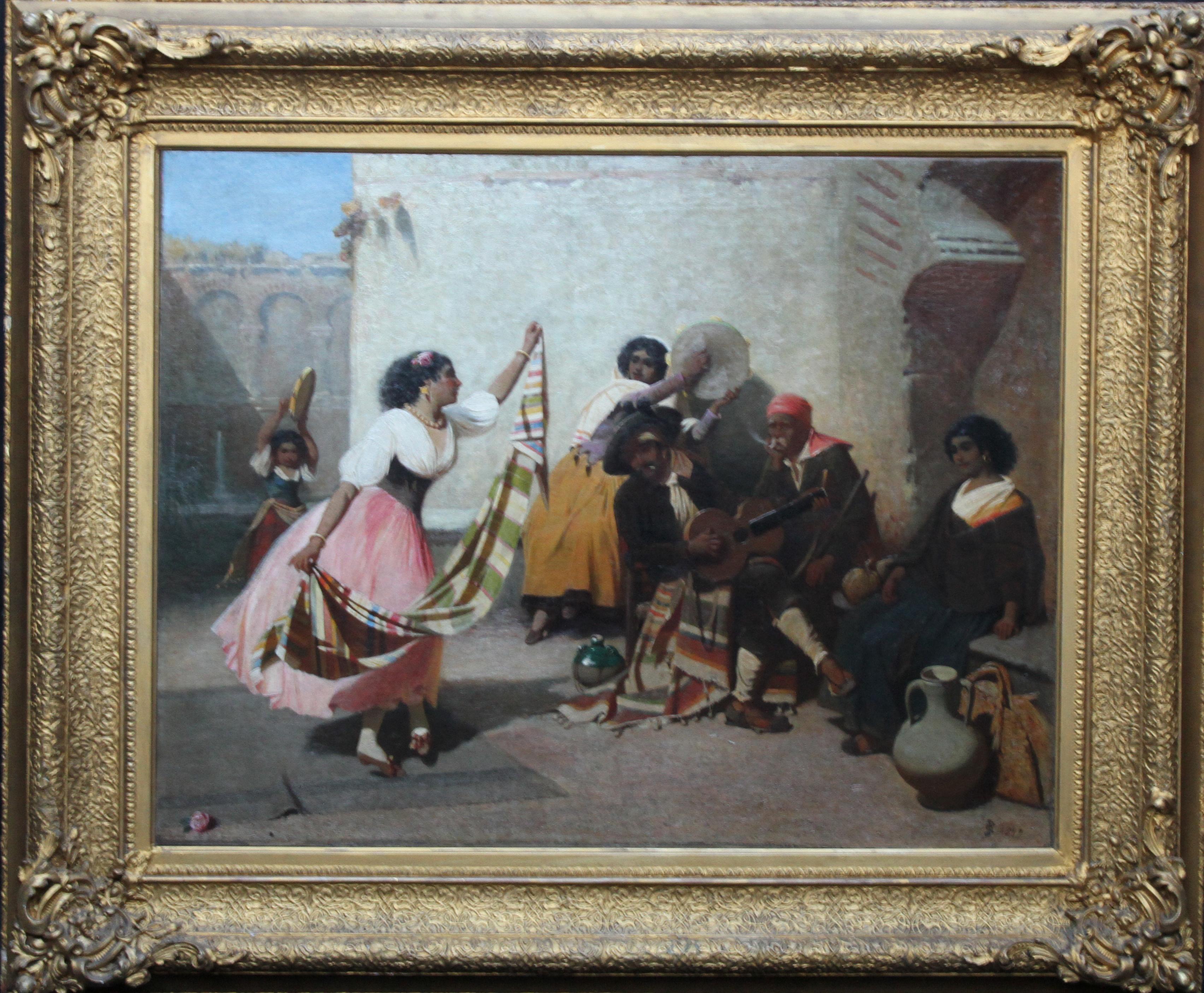 John Phillip Figurative Painting - Spanish Musicians with Dancing Girl- British Victorian art oil painting portrait
