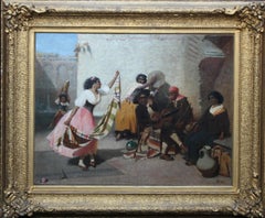 Antique Spanish Musicians with Dancing Girl- British Victorian art oil painting portrait