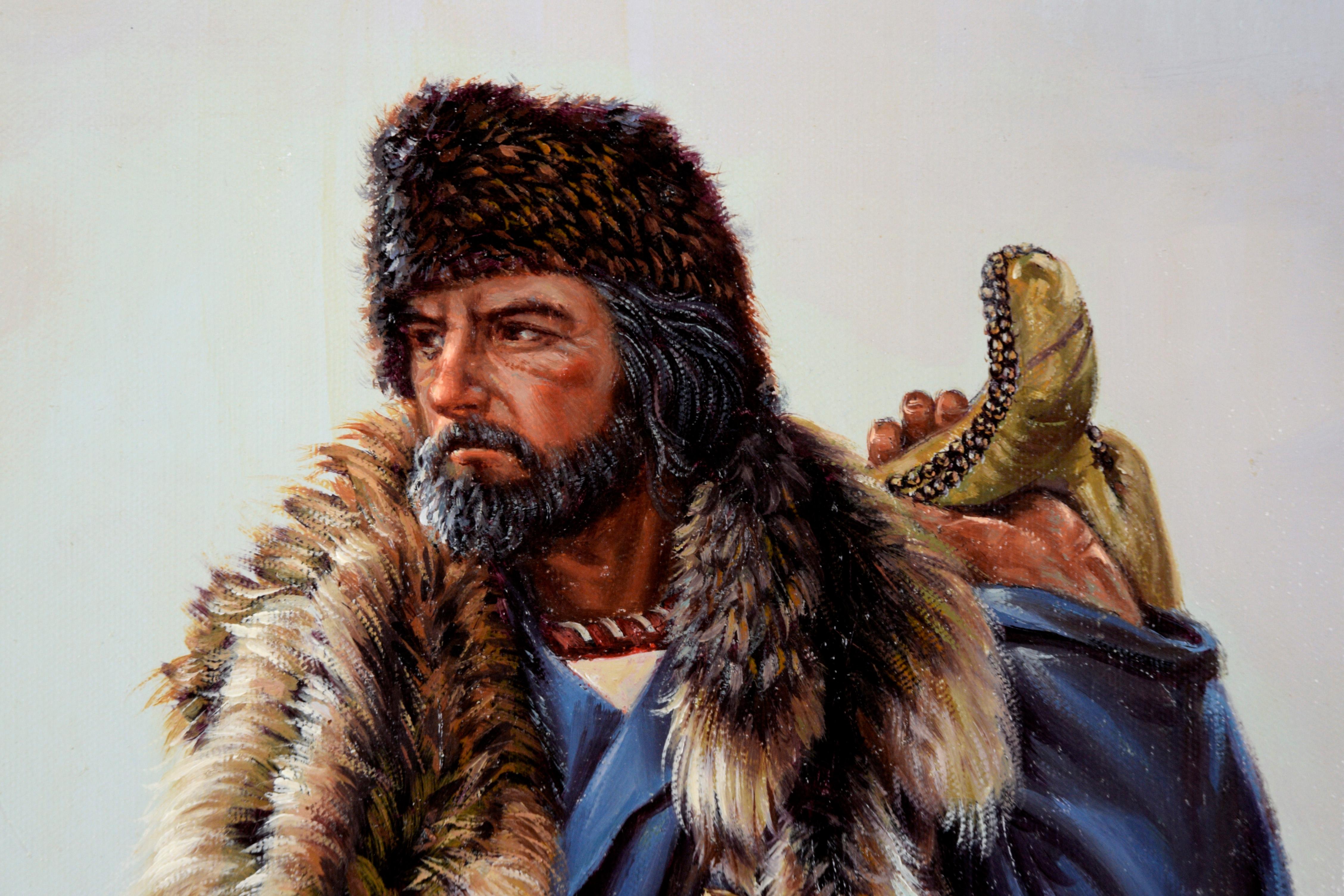 Trappeur en hiver - Portrait à l'huile sur toile - Painting de John Pieron