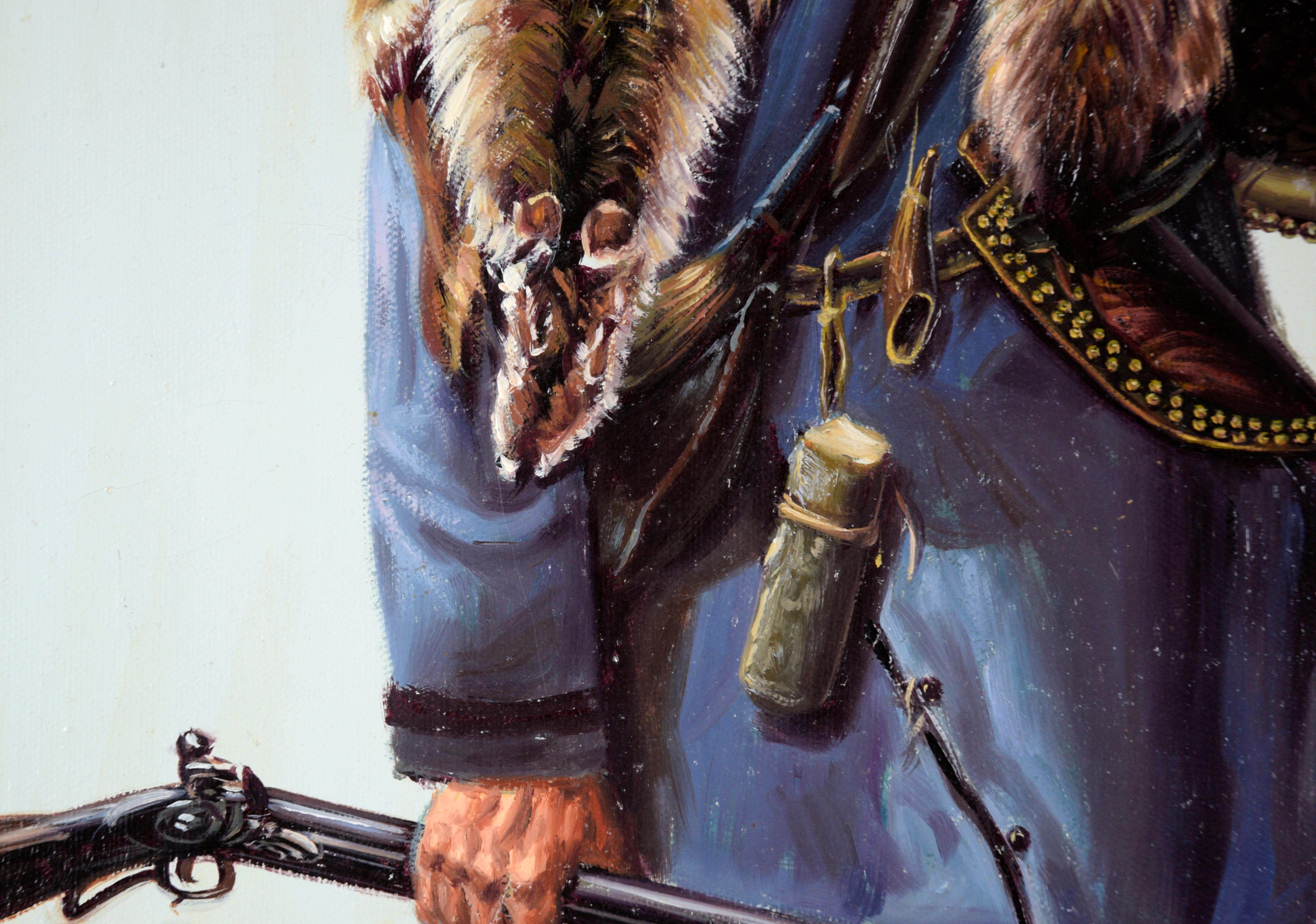 Fur Trapper in Winter – Porträt in Öl auf Leinwand

Majestätisches Ganzkörperporträt eines im Schnee stehenden Pelztierjägers von John Pieron. Ein Mann steht knöcheltief im Schnee und hält ein Gewehr. Er trägt einen schweren blauen Mantel, eine