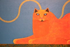 Whimsical Orange & Blue Abstract Surrealist Painting of a Cat & Large Fish