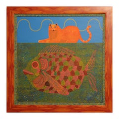 Whimsical Orange & Blue Abstract Surrealist Painting of a Cat & Large Fish