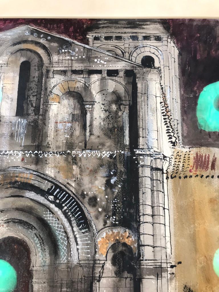 JOHN PIPER (1903-1992)
JAZENNES, 1967
Acuarela, pluma, tinta y gouache sobre papel
56x75cm
Firmado, titulado y fechado abajo a la derecha

Desde mediados de los años 50, Piper viajó con frecuencia por Francia y realizó numerosos viajes a Charente,