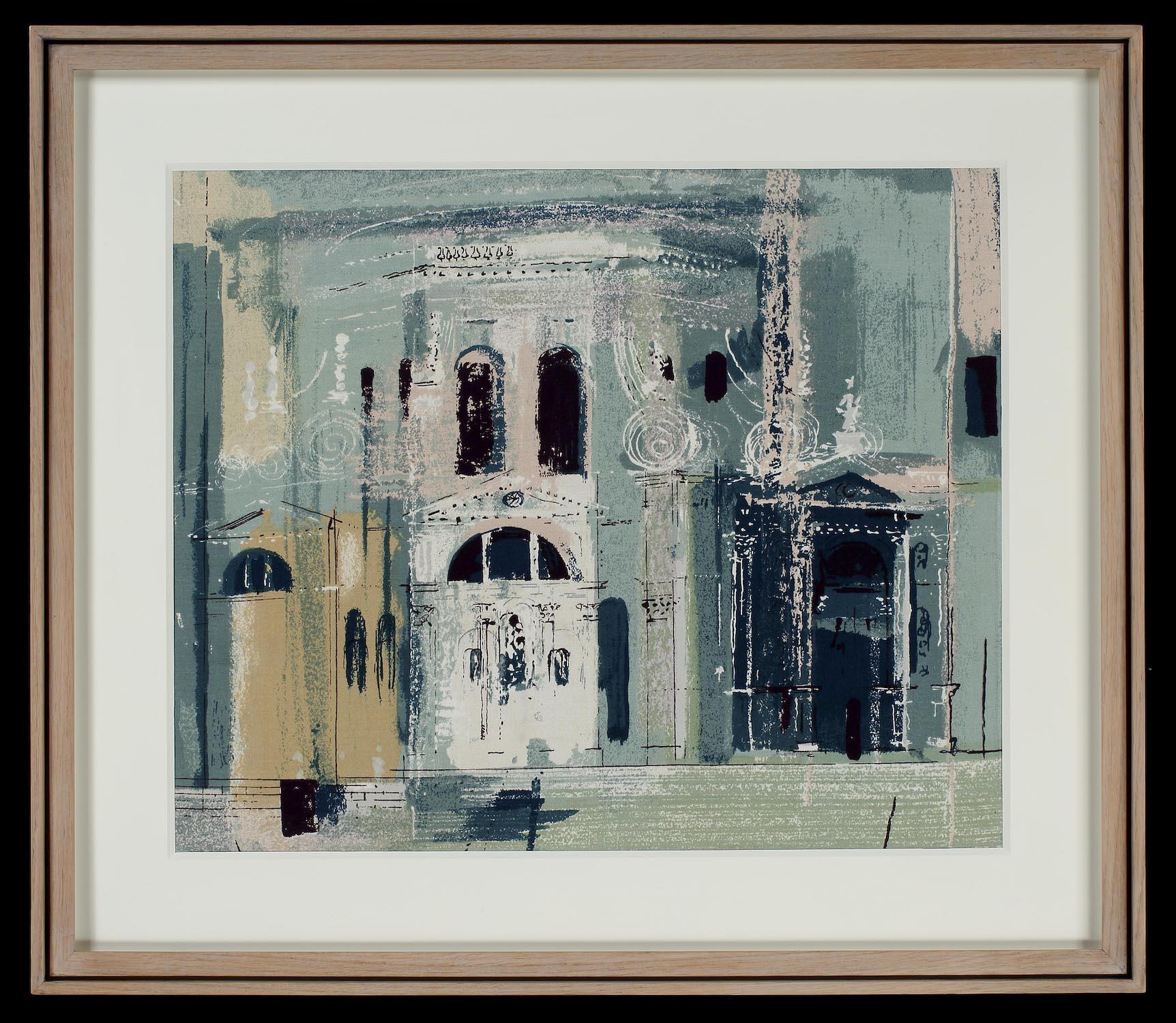 JOHN PIPER CH (BRITISH,1903-1992) :CHIESA DELLA SALUTE, VENICE Screenprinted fabric, printed by Sandersons, 1959
 In the late 1950's to the early 60's there was interest in painterly textiles that demonstrated the unique potential of screen