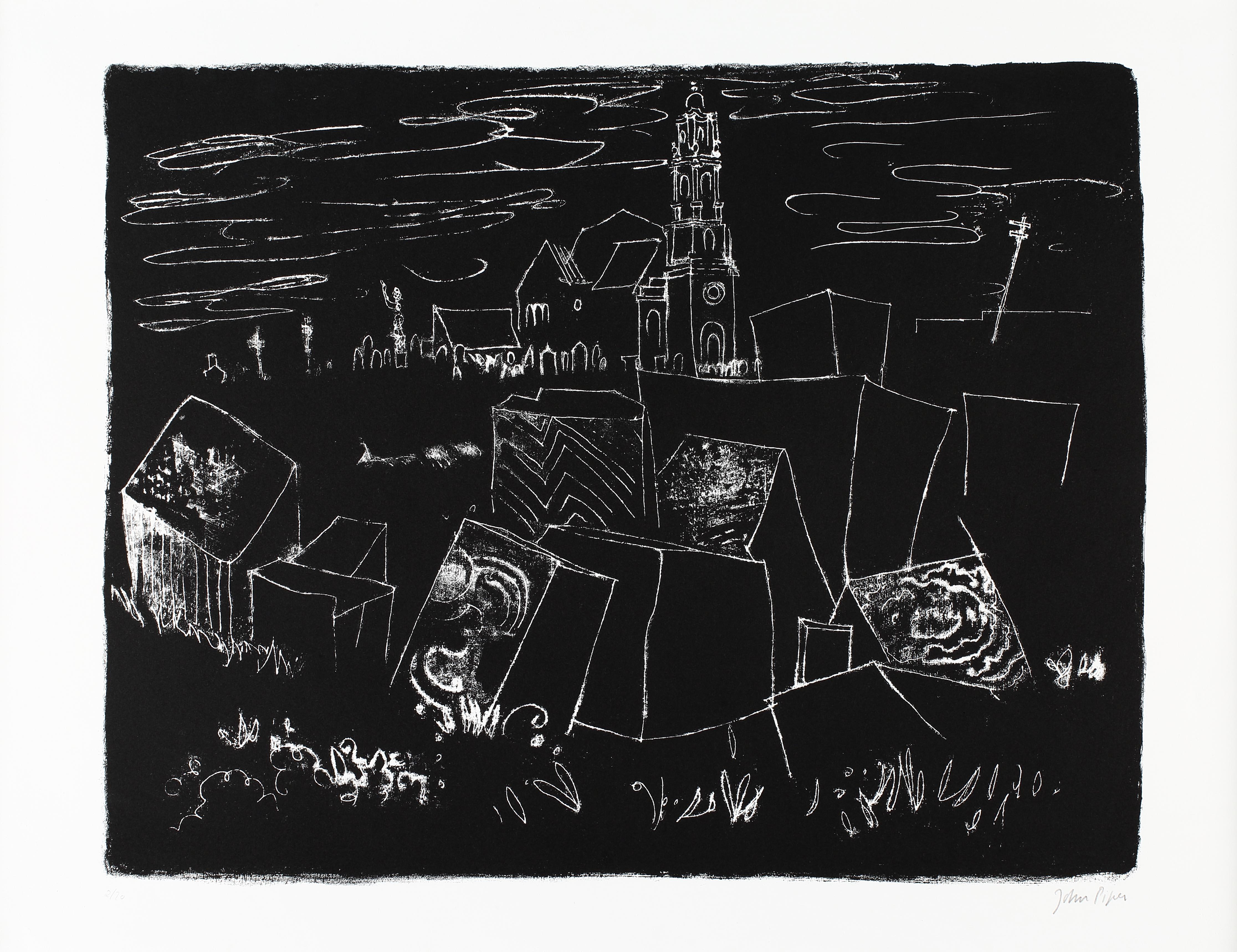 JOHN PIPER CH (BRITISH,1903-1992) : 16. EASTON, PORTLAND, DORSET: ST GEORGE REFORNE, AN 18TH CENTURY CHURCH AMONG THE QUARRIES, NUMBERED 2/70 LOWER LEFT AND SIGNED LOWER RIGHT IN PENCIL. 1964 LEVINSON 137. LITHOGRAPH ON PAPER
Striking monotone by a