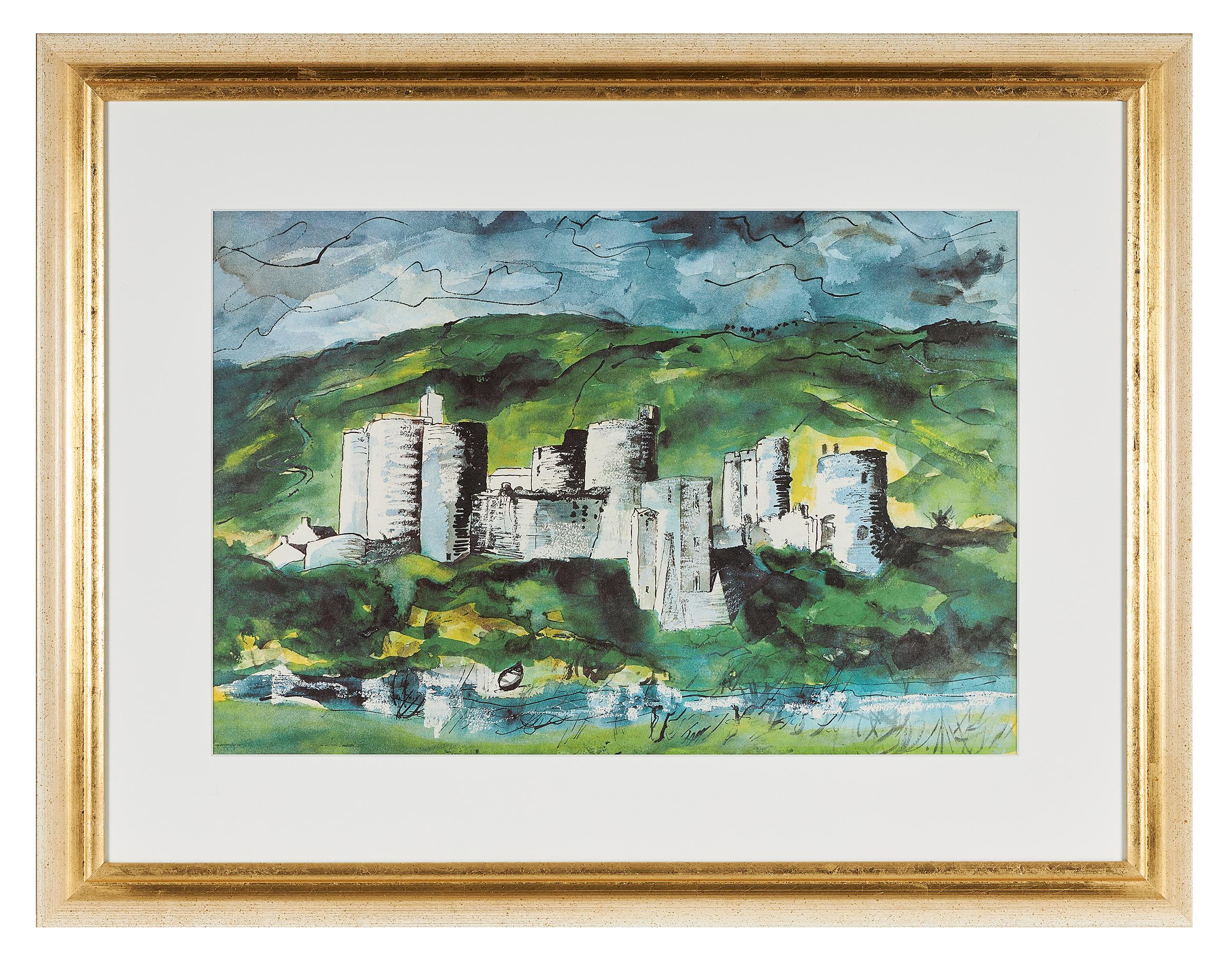 John Piper (British, 1903-1992), 'Kidwelly Castle', color lithograph on wove paper, printed in 1984 by Senecio Press, from an edition of 20 prints supplied with the book ‘Deaths and Entrances’ by Dylan Thomas (illustrated by Piper), mounted and