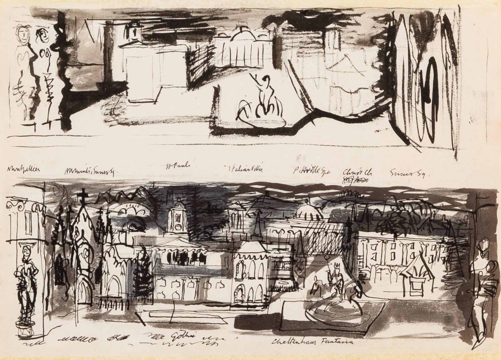 Cheltenham (Fantasia/Panorama), Pittura a penna e inchiostro di John Piper, 1939 circa

Informazioni aggiuntive:
Mezzo: Penna e inchiostro
19 x 26.5 cm
7 1/2 x 10 3/8 in
Inscritto in modo esteso

L'immagine superiore ricorda molto da vicino un
